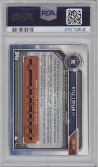 Kyle Tucker from the 2019 Bowman  set featuring a Refractor parallel graded by PSA and given an overall grade of 10.