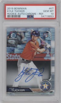 Kyle Tucker from the 2019 Bowman  set featuring a Refractor parallel graded by PSA and given an overall grade of 10.