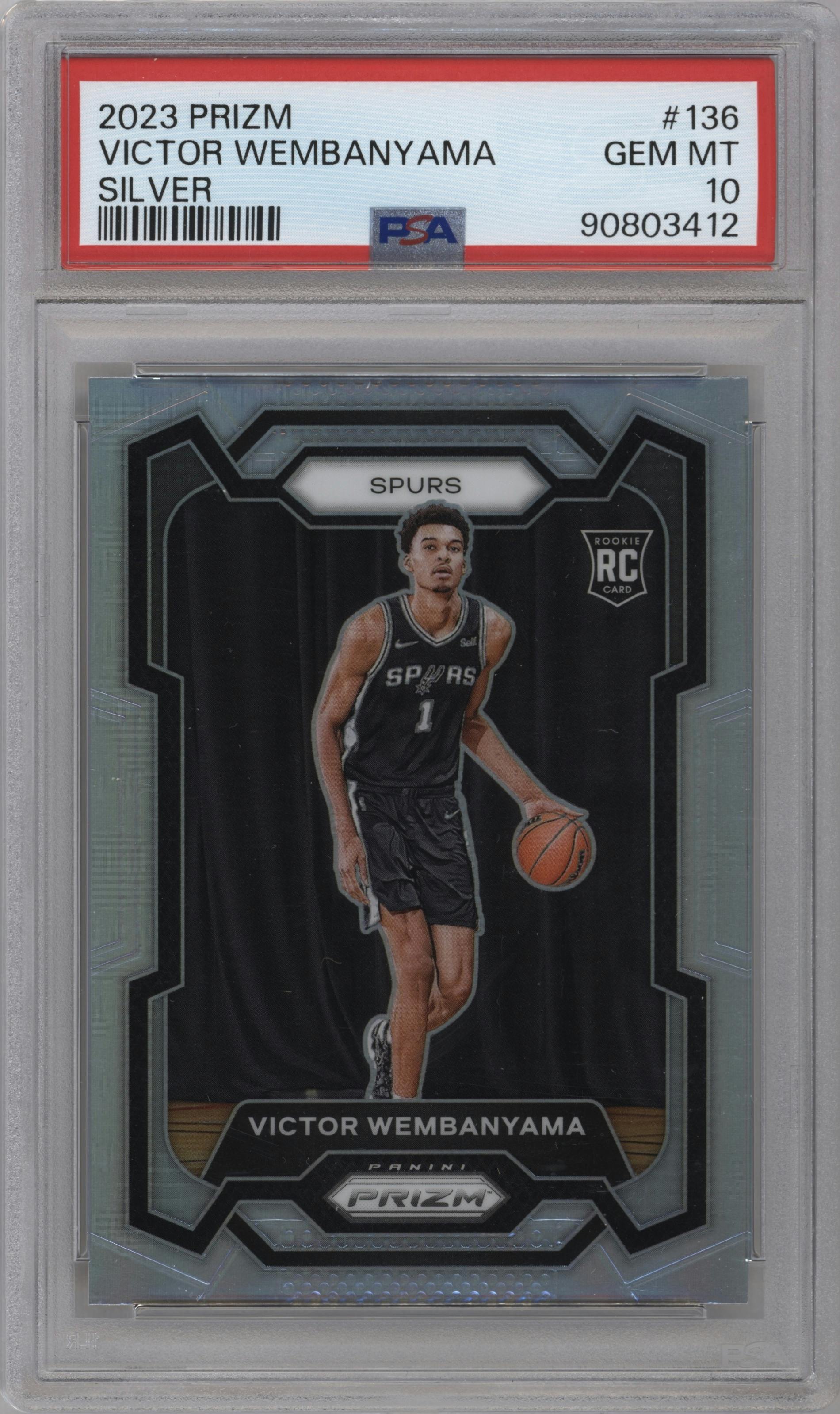 Victor Wembanyama from the 2023-24 Panini Prizm set featuring a Silver Prizm  parallel graded by PSA and given an overall grade of 10.
