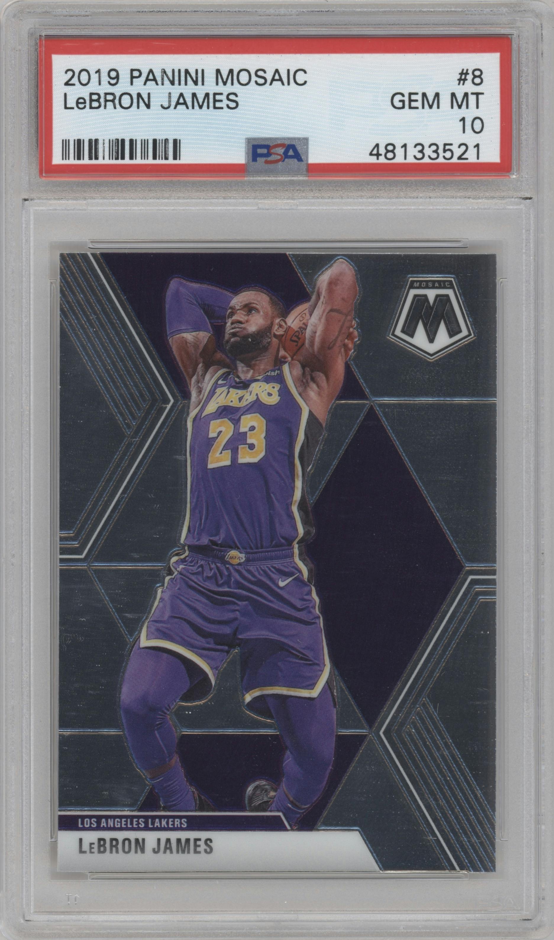 LeBron James from the 2019-20 Panini Mosaic  set graded by PSA and given an overall grade of 10.