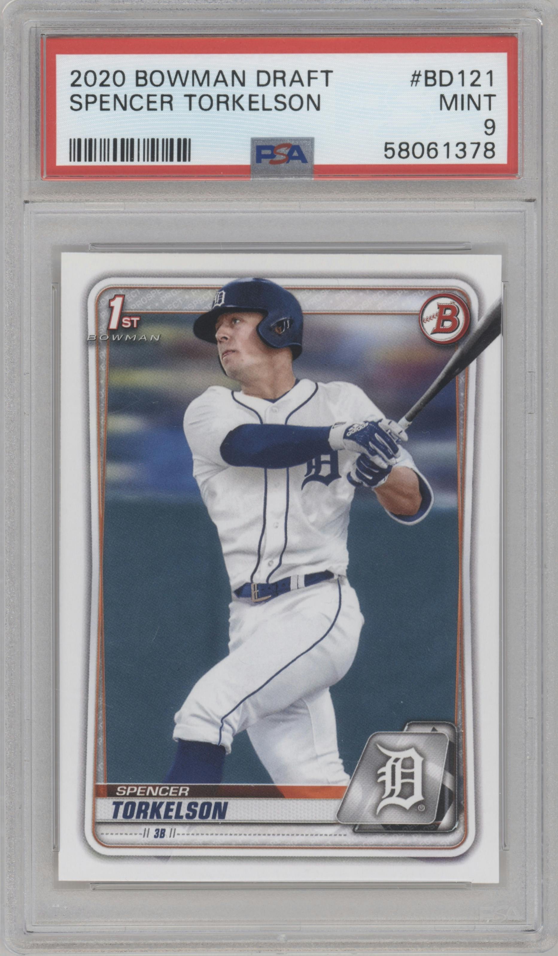 Spencer Torkelson from the 2020 Bowman Draft set graded by PSA and given an overall grade of 9.