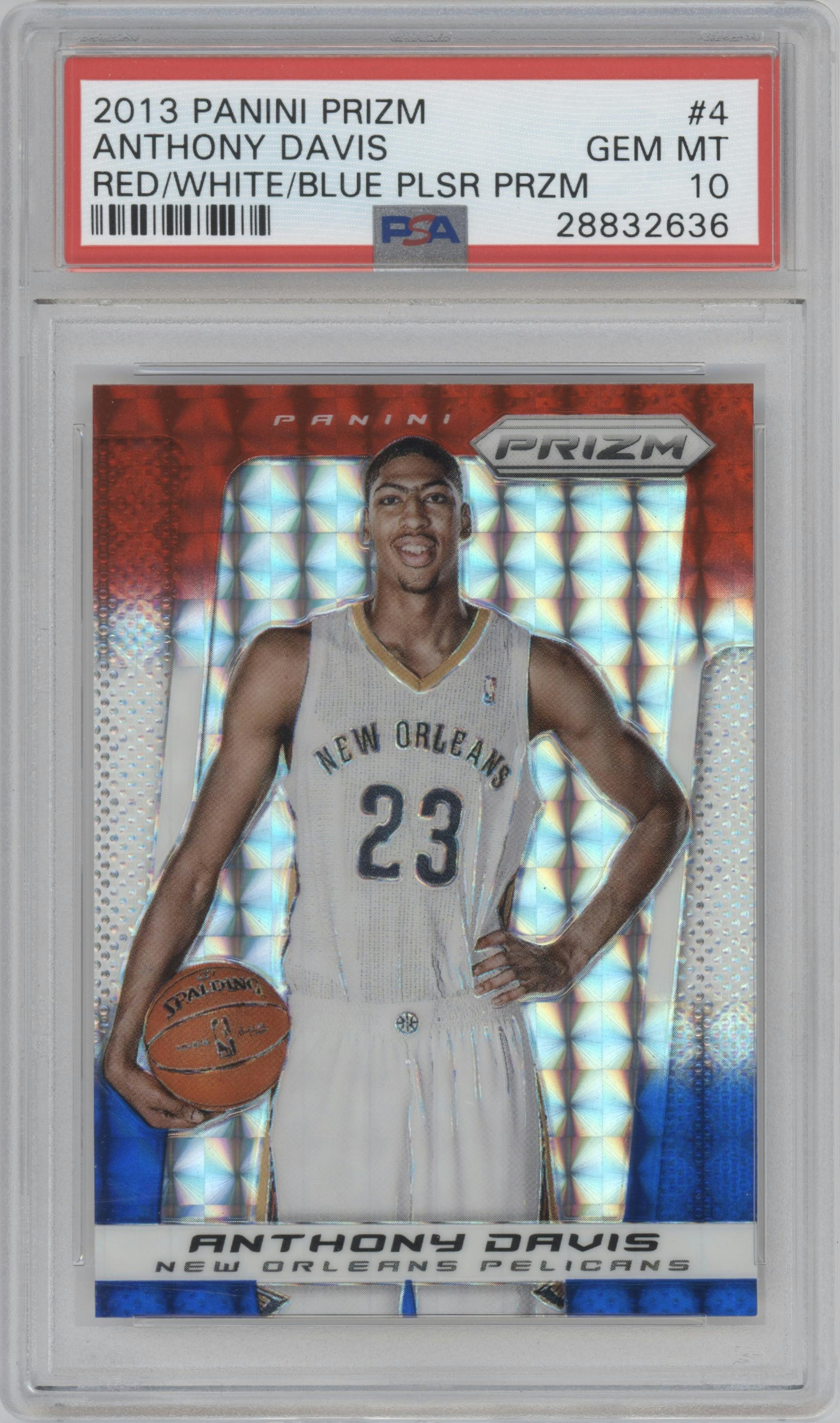Anthony Davis from the 2013-14 Panini Prizm set featuring a Red White and Blue Prizm parallel graded by PSA and given an overall grade of 10.