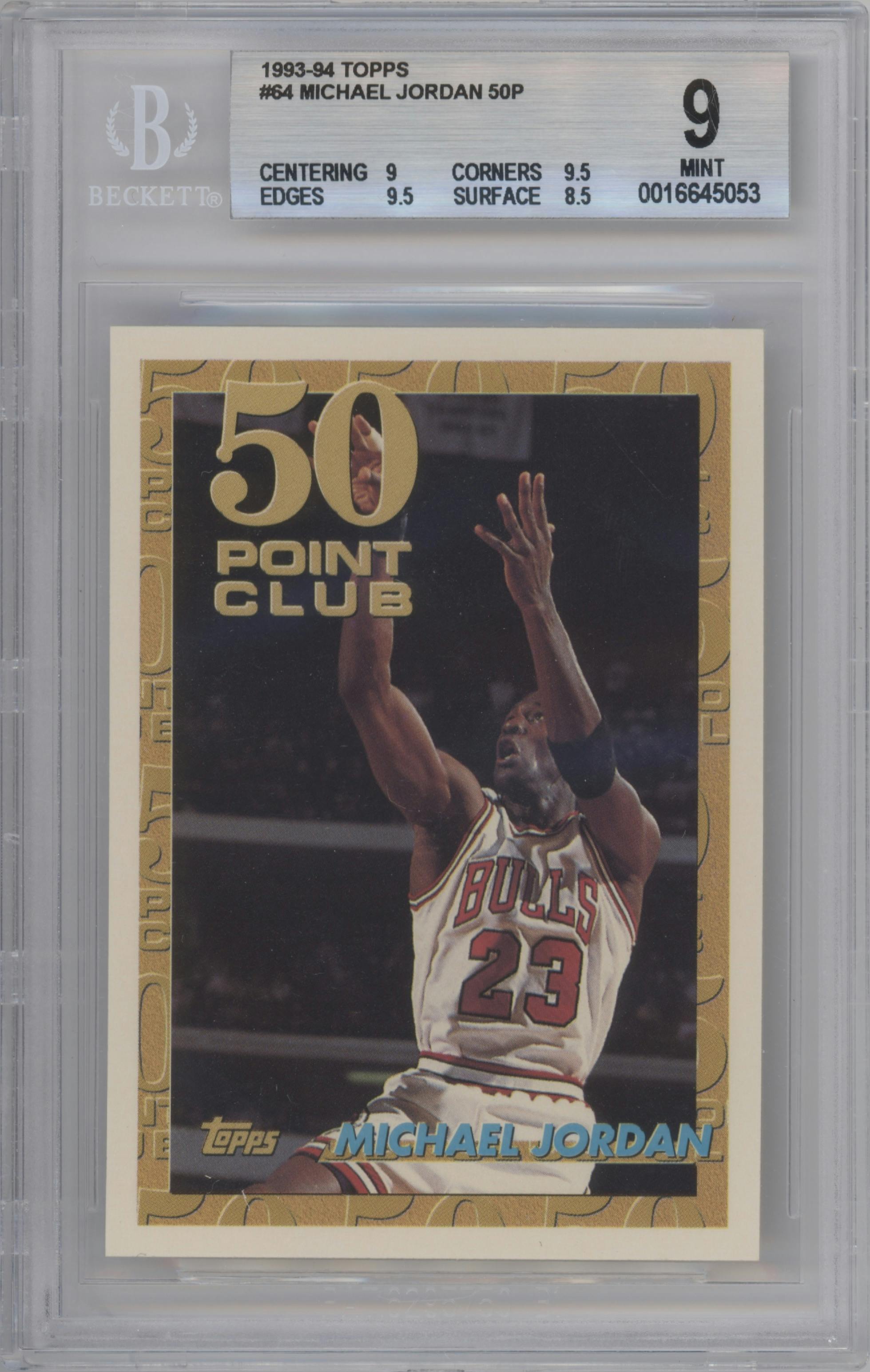 Michael Jordan from the 1993-94 Topps set graded by Beckett and given an overall grade of 9.