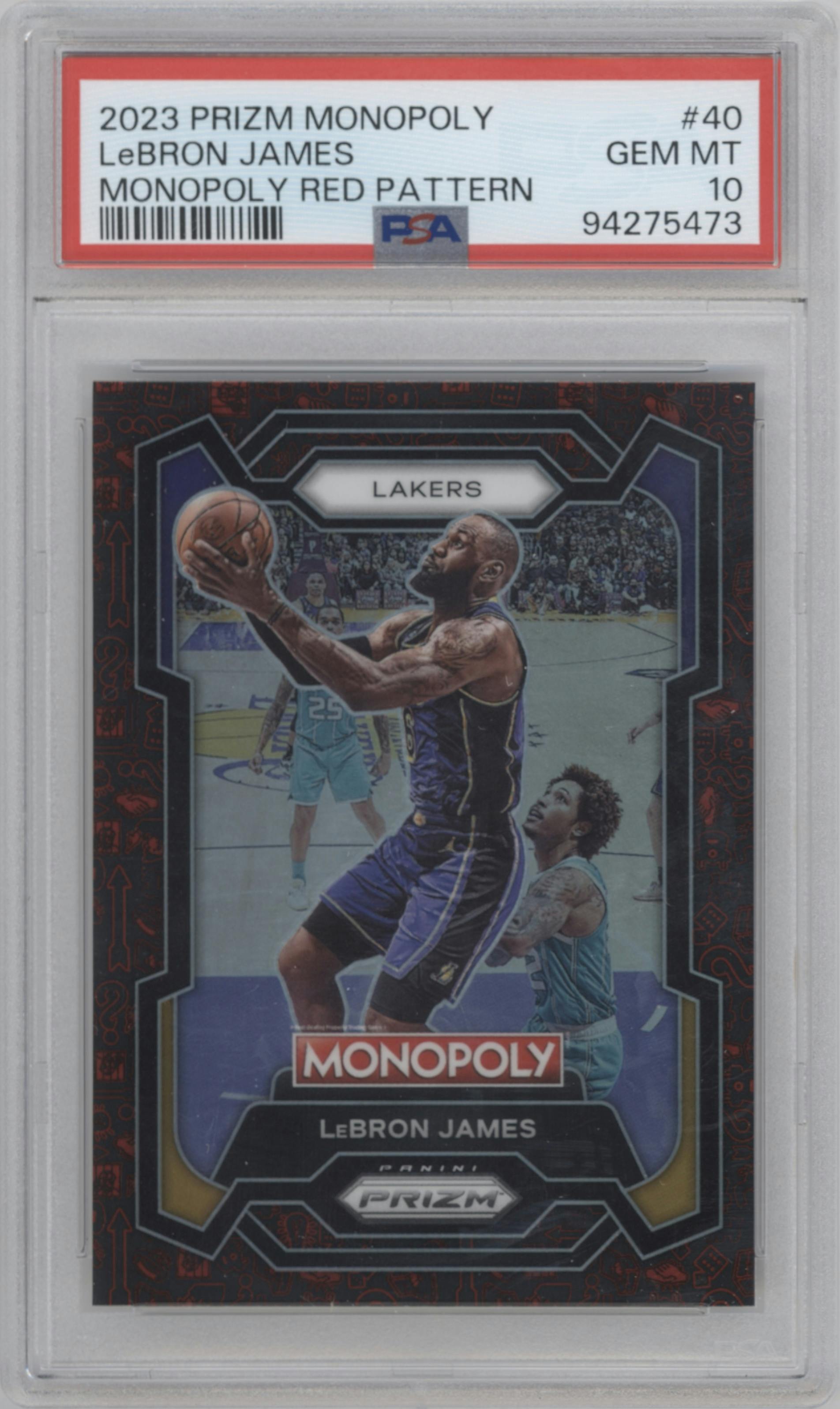 LeBron James from the 2023-24 Panini Prizm Monopoly set featuring a Red Pattern parallel graded by PSA and given an overall grade of 10.