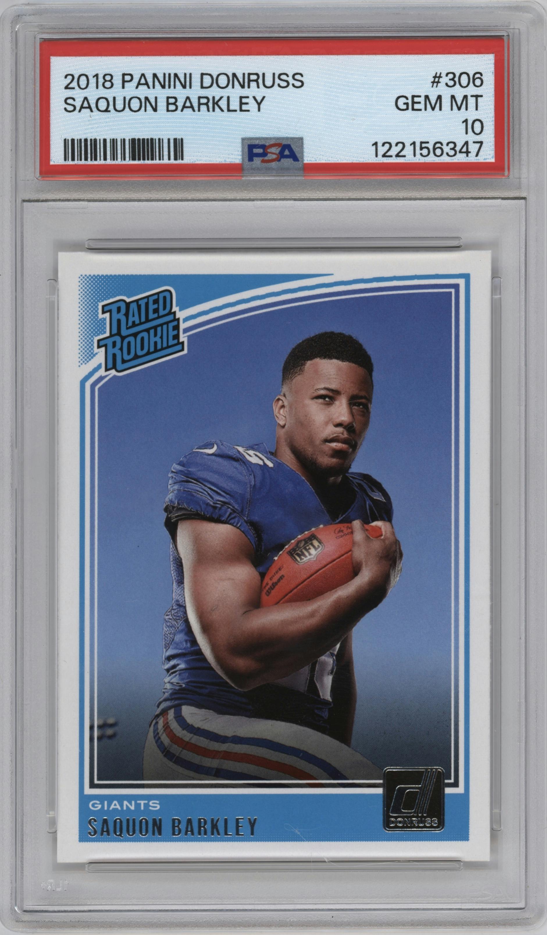 Saquon Barkley from the 2018 Panini Donruss set graded by PSA and given an overall grade of 10.
