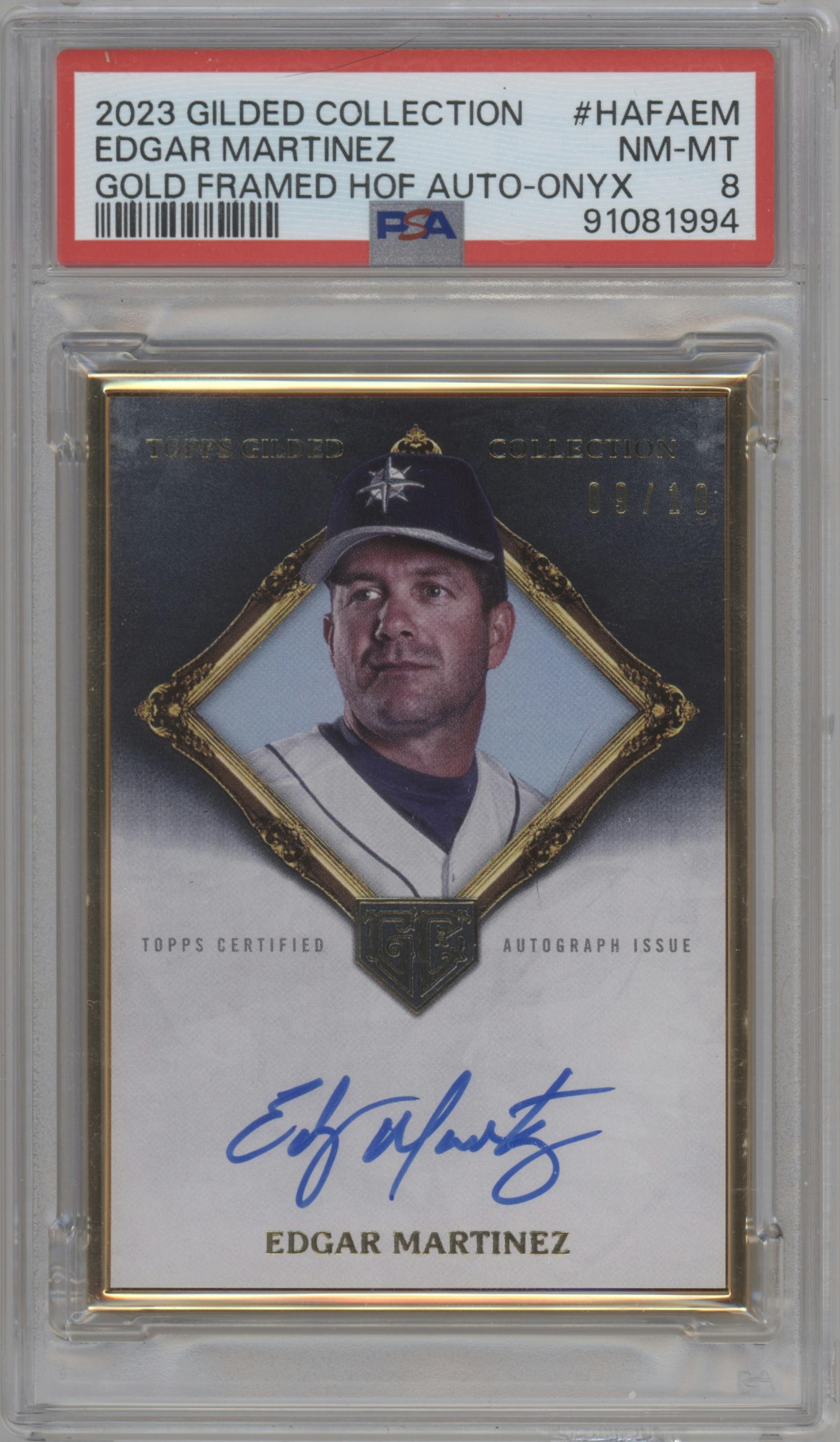 Edgar Martinez from the 2023 Topps Gilded Collection set featuring a Onyx parallel graded by PSA and given an overall grade of 8.