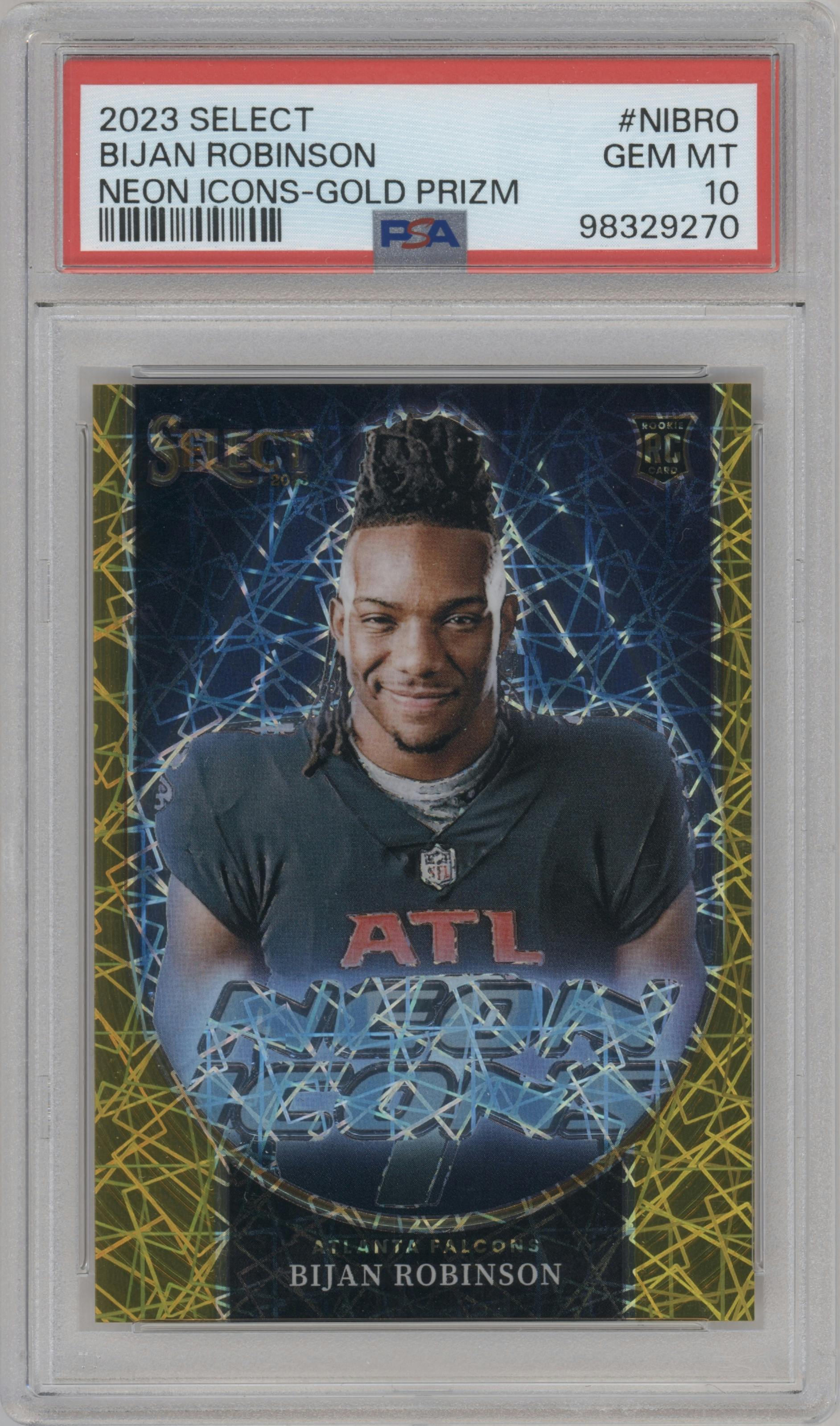 Bijan Robinson from the 2023 Panini Select set featuring a Gold Prizm parallel graded by PSA and given an overall grade of 10.