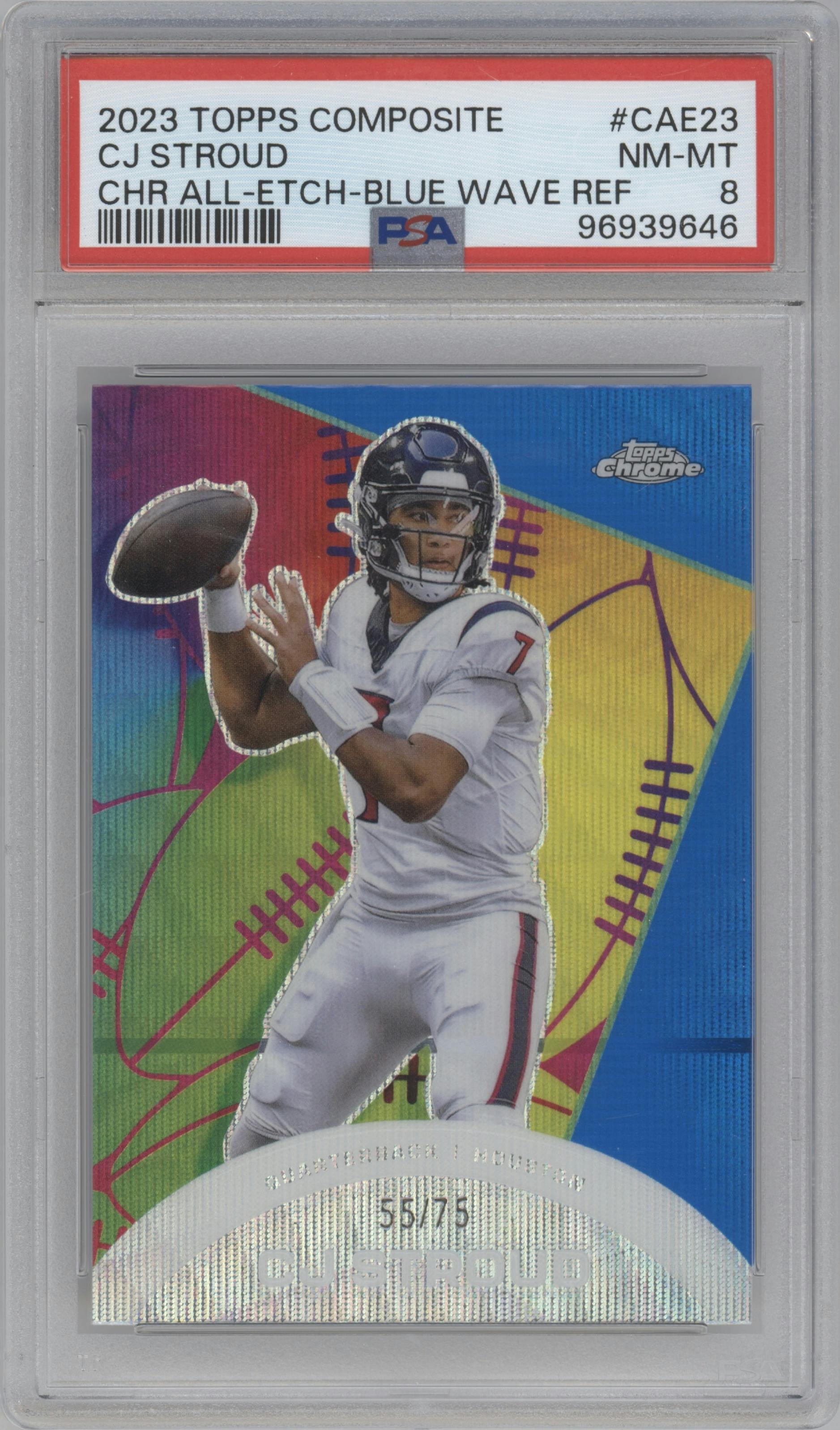 CJ Stroud from the 2023 Topps Composite set featuring a Blue Wave Refractor parallel graded by PSA and given an overall grade of 8.