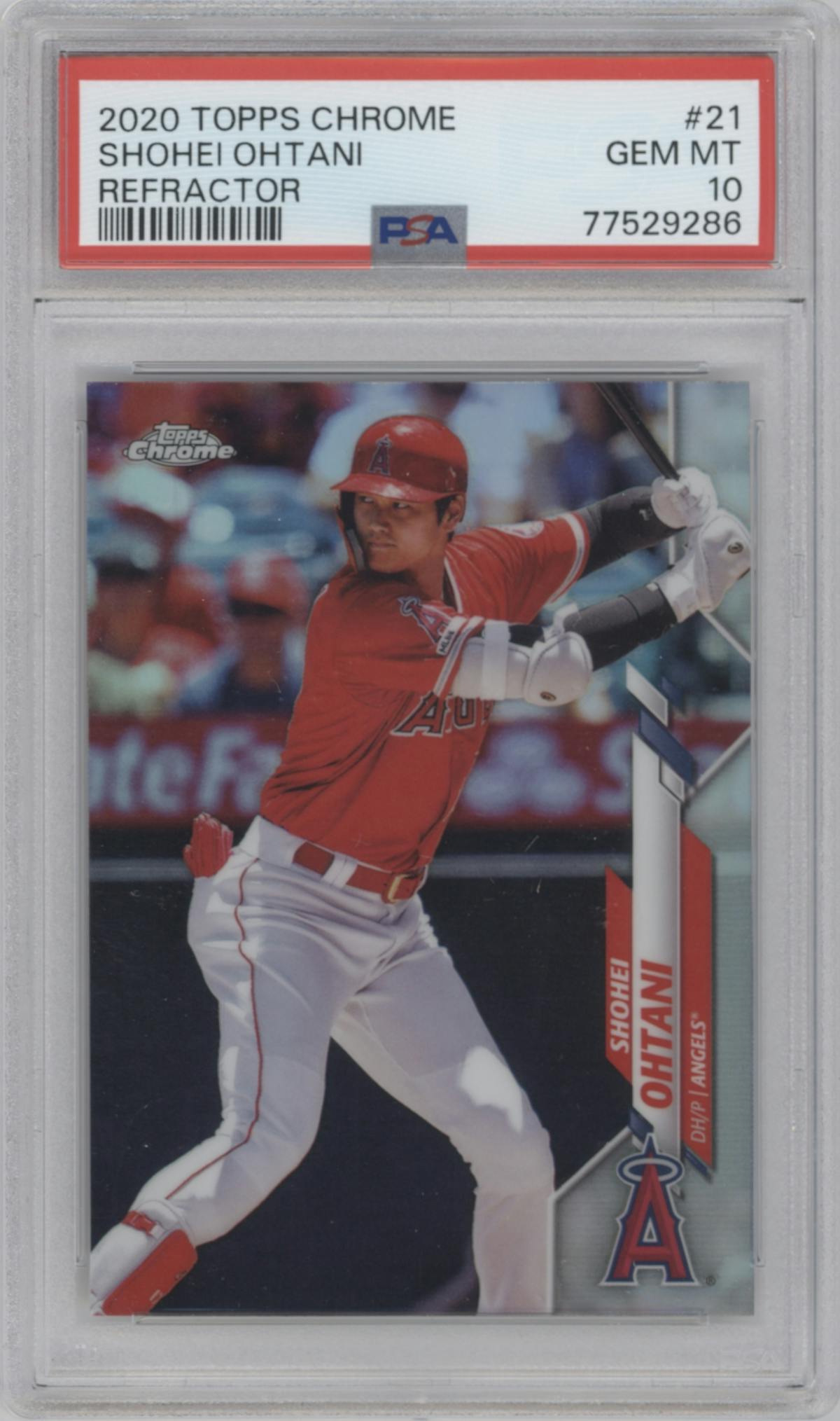 Shohei Ohtani from the 2020 Topps Chrome set featuring a Refractor  parallel graded by PSA and given an overall grade of 10.