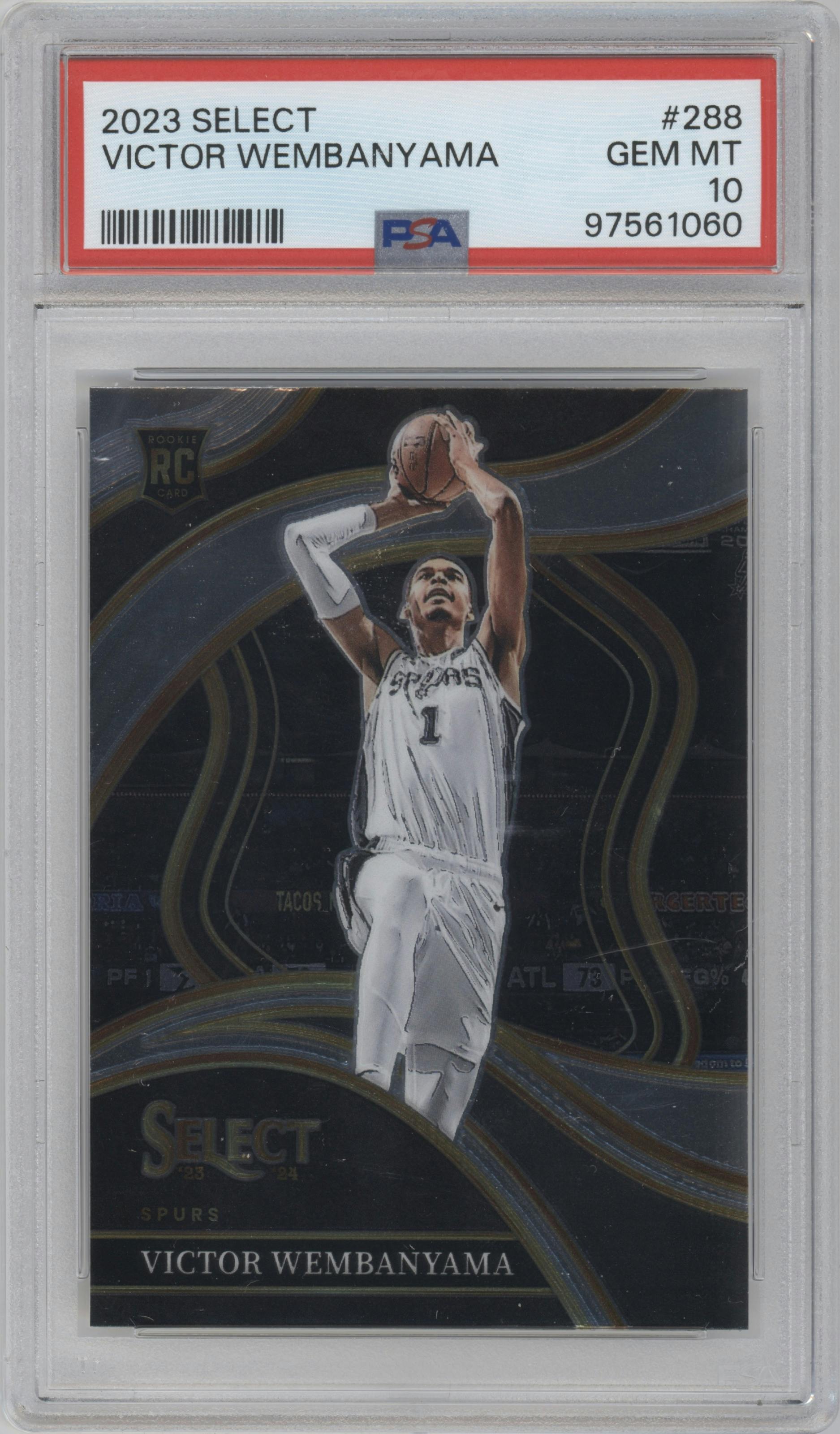 Victor Wembanyama from the 2023-24 Panini Select  set graded by PSA and given an overall grade of 10.
