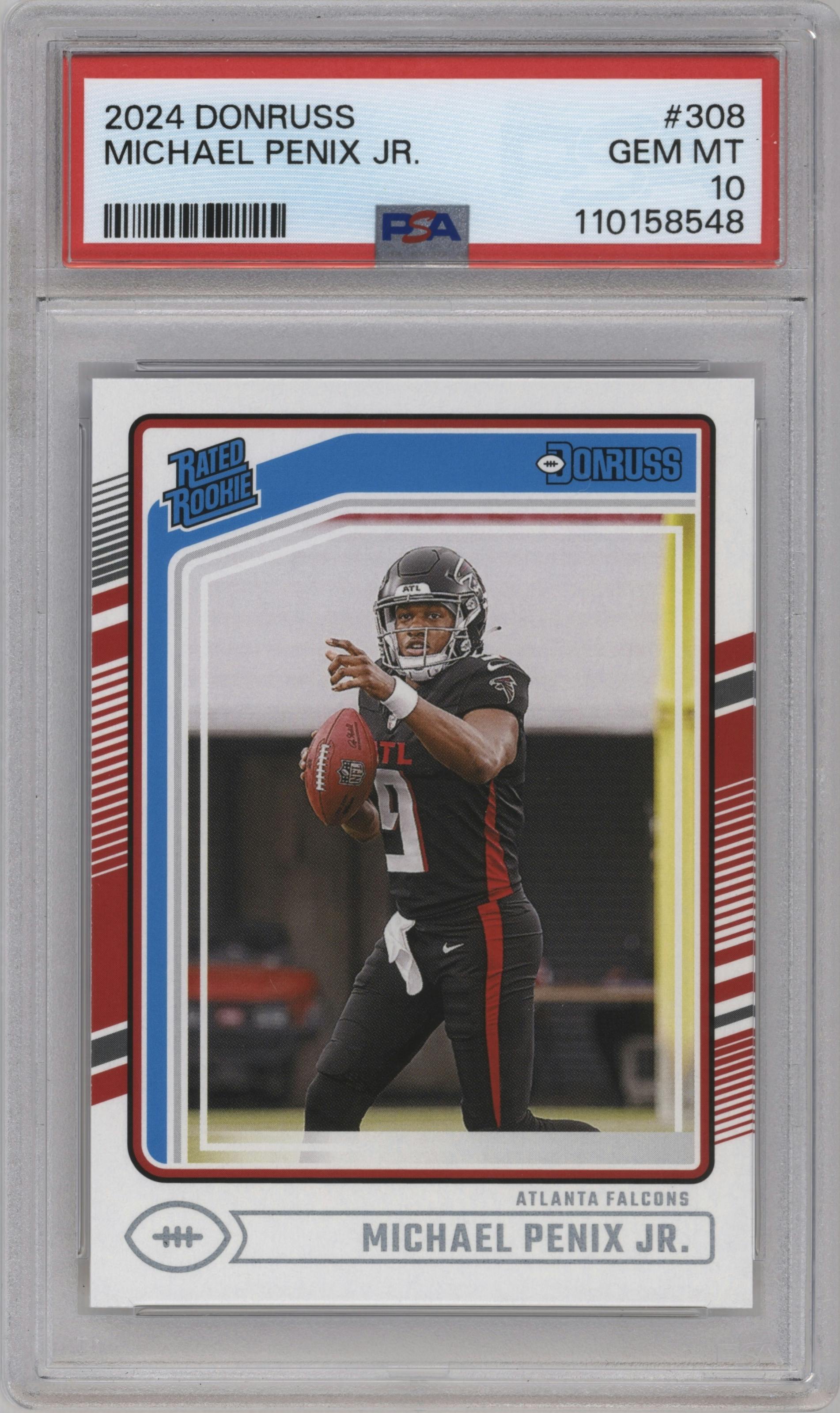 Michael Penix Jr. from the 2024 Donruss set graded by PSA and given an overall grade of 10.