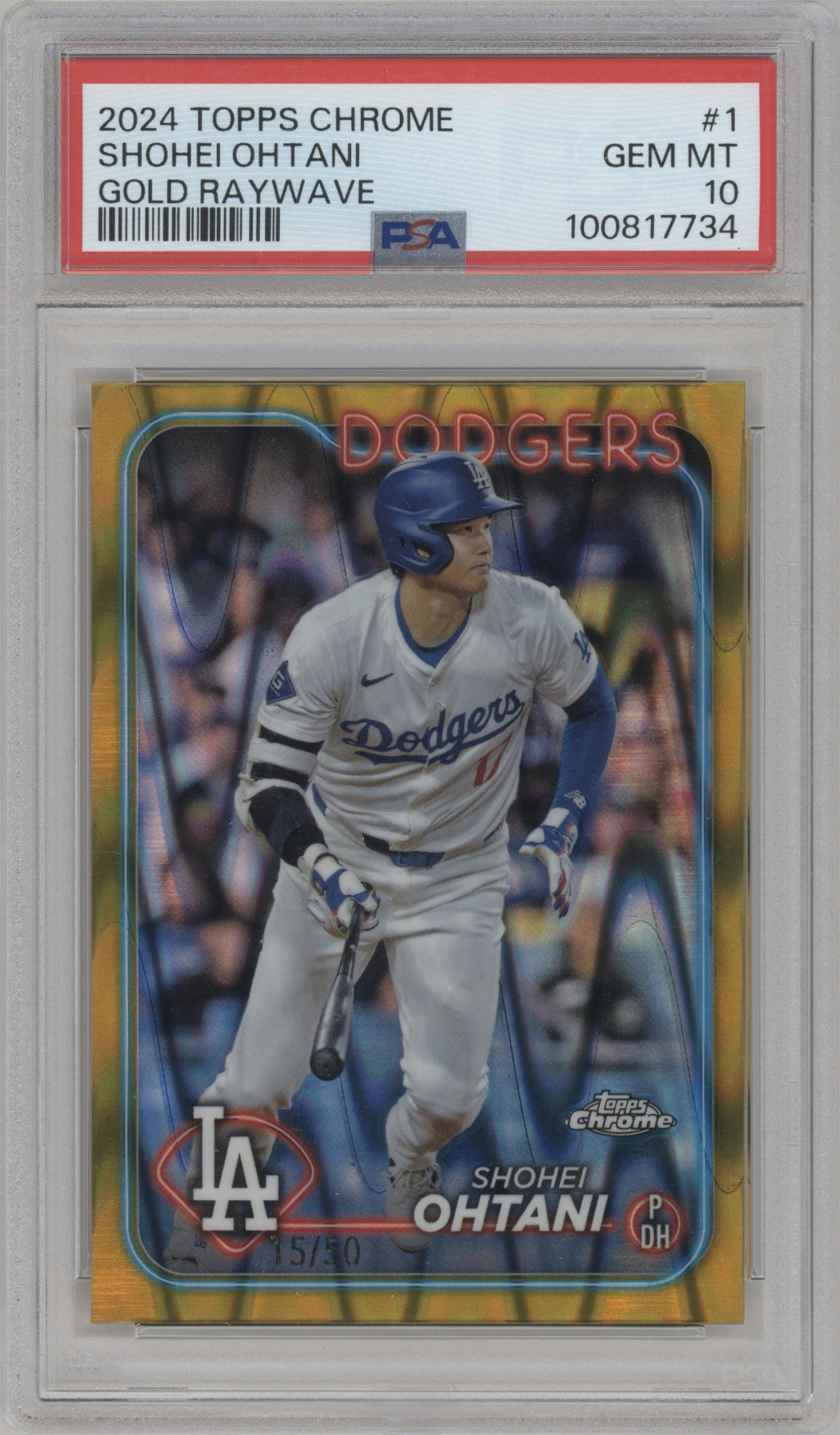 Shohei Ohtani from the 2024 Topps Chrome set featuring a Gold Raywave Refractor parallel graded by PSA and given an overall grade of 10.