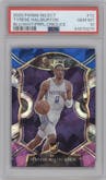 Tyrese Haliburton from the 2020-21 Panini Select  set featuring a Blue/White/Purple Cracked Ice parallel graded by PSA and given an overall grade of 10.
