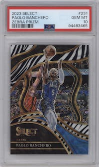 Paolo Banchero from the 2023-24 Panini Select  set featuring a Zebra Prizm parallel graded by PSA and given an overall grade of 10.