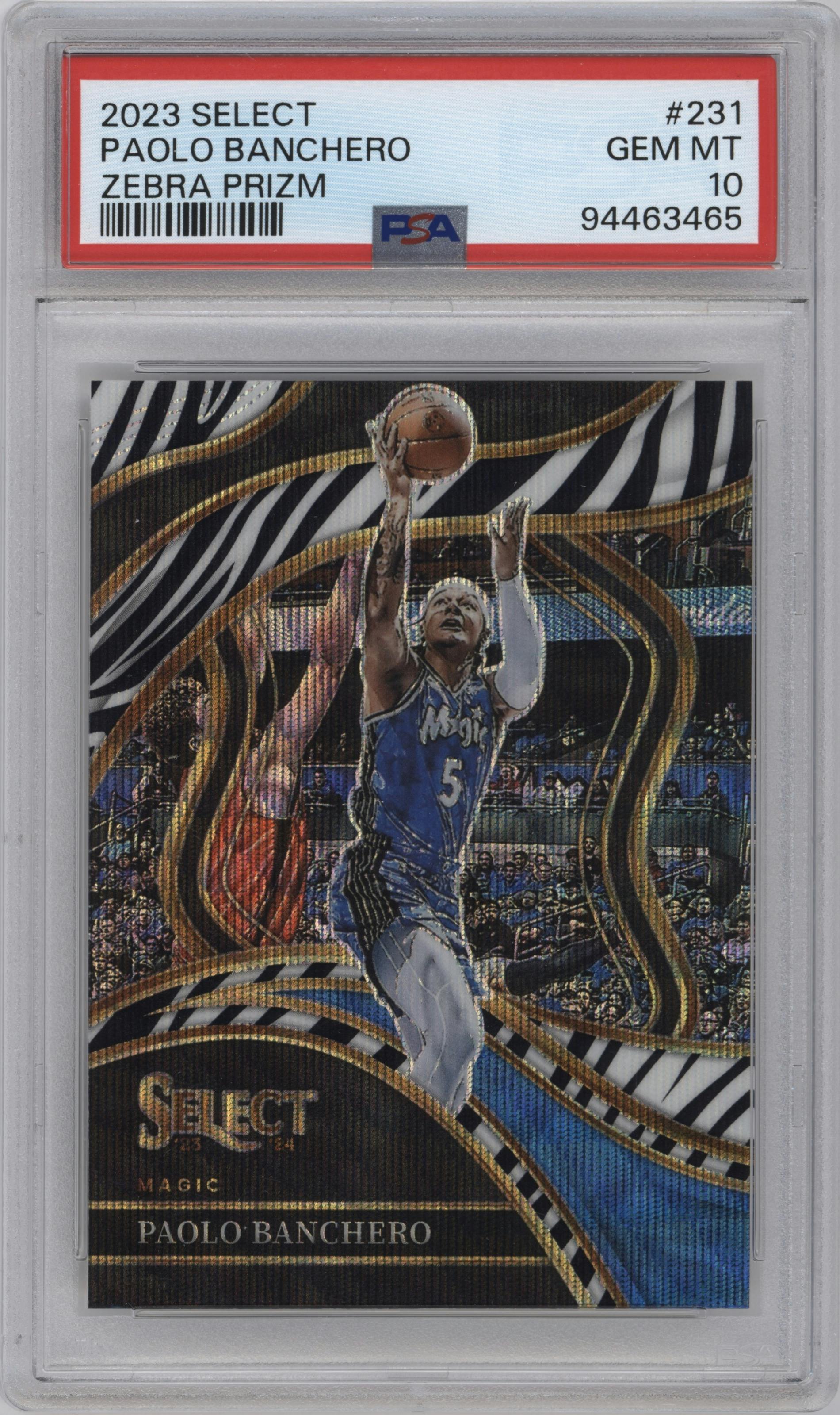 Paolo Banchero from the 2023-24 Panini Select  set featuring a Zebra Prizm parallel graded by PSA and given an overall grade of 10.