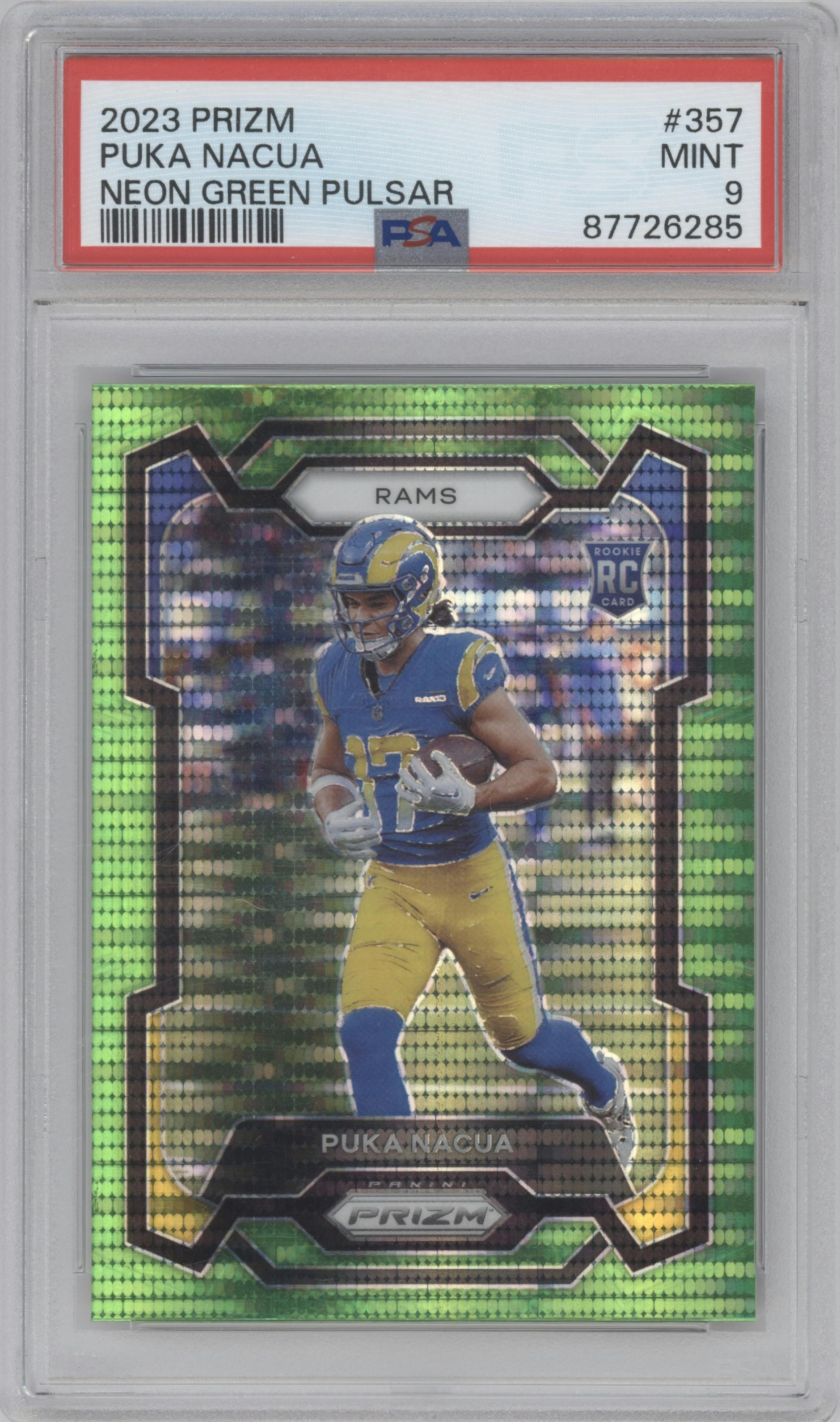 Puka Nacua from the 2023 Panini Prizm set featuring a Neon Green Pulsar parallel graded by PSA and given an overall grade of 9.
