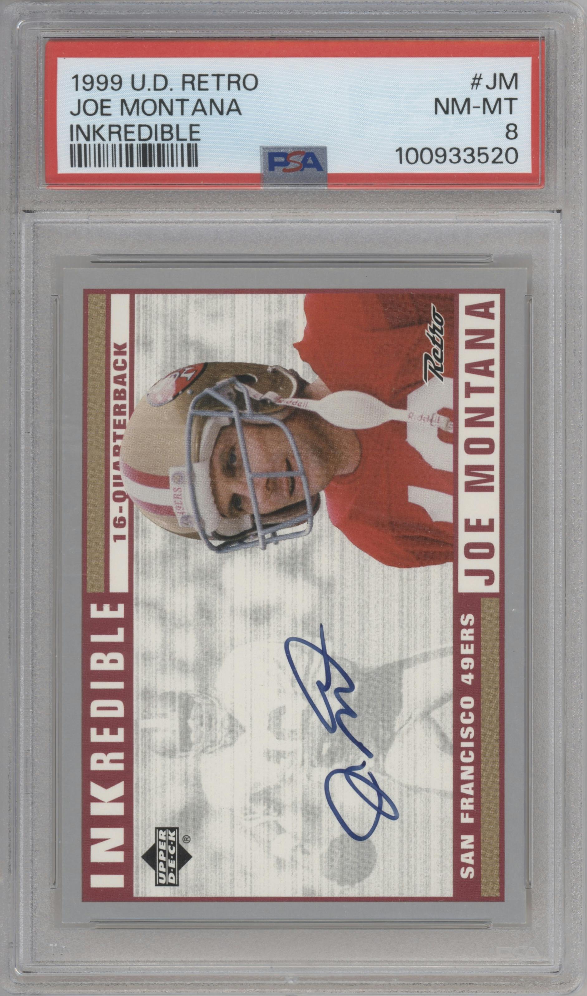 Joe Montana from the 1999 Upper Deck Retro set graded by PSA and given an overall grade of 8.