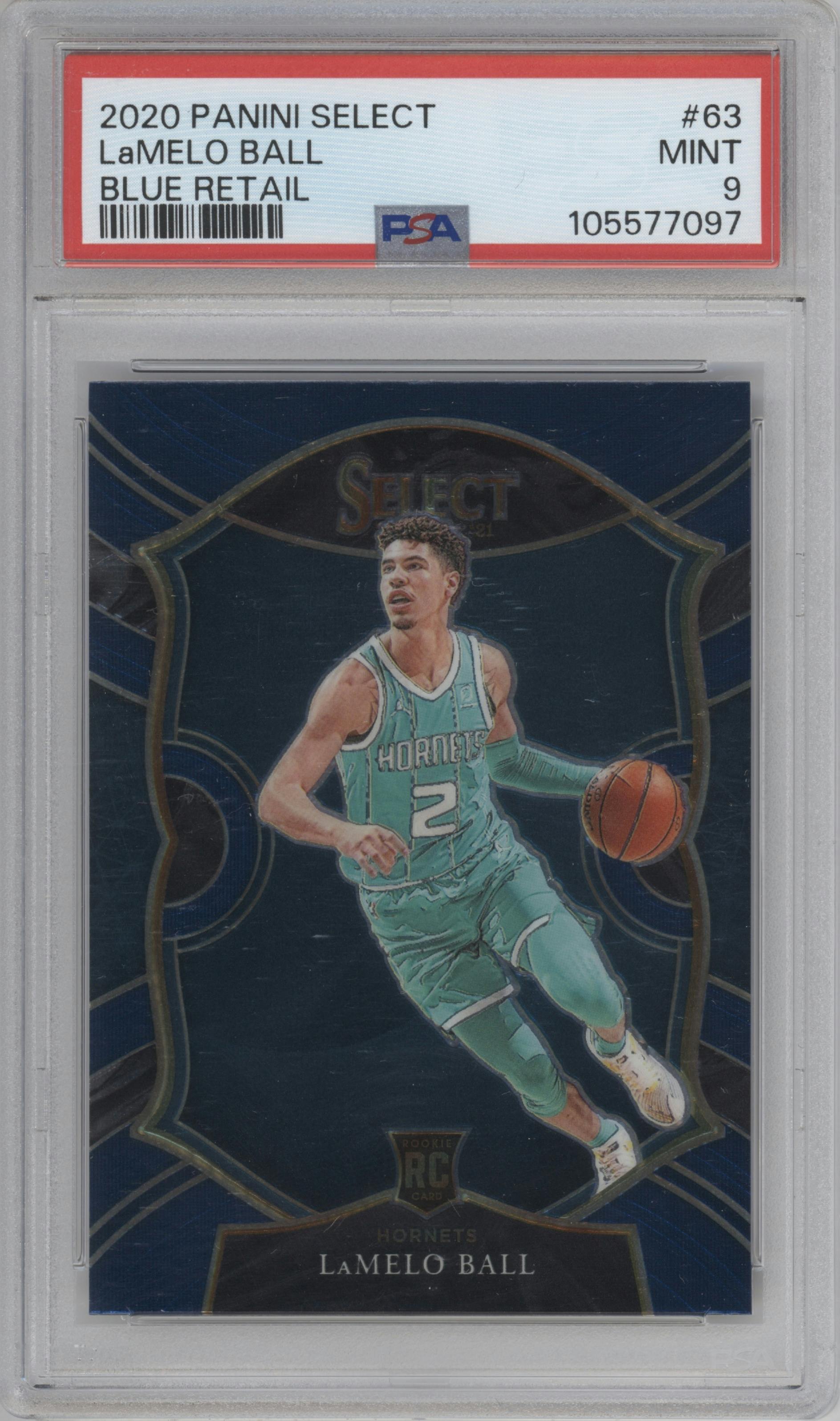 LaMelo Ball from the 2020-21 Panini Select  set featuring a Blue Retail parallel graded by PSA and given an overall grade of 9.