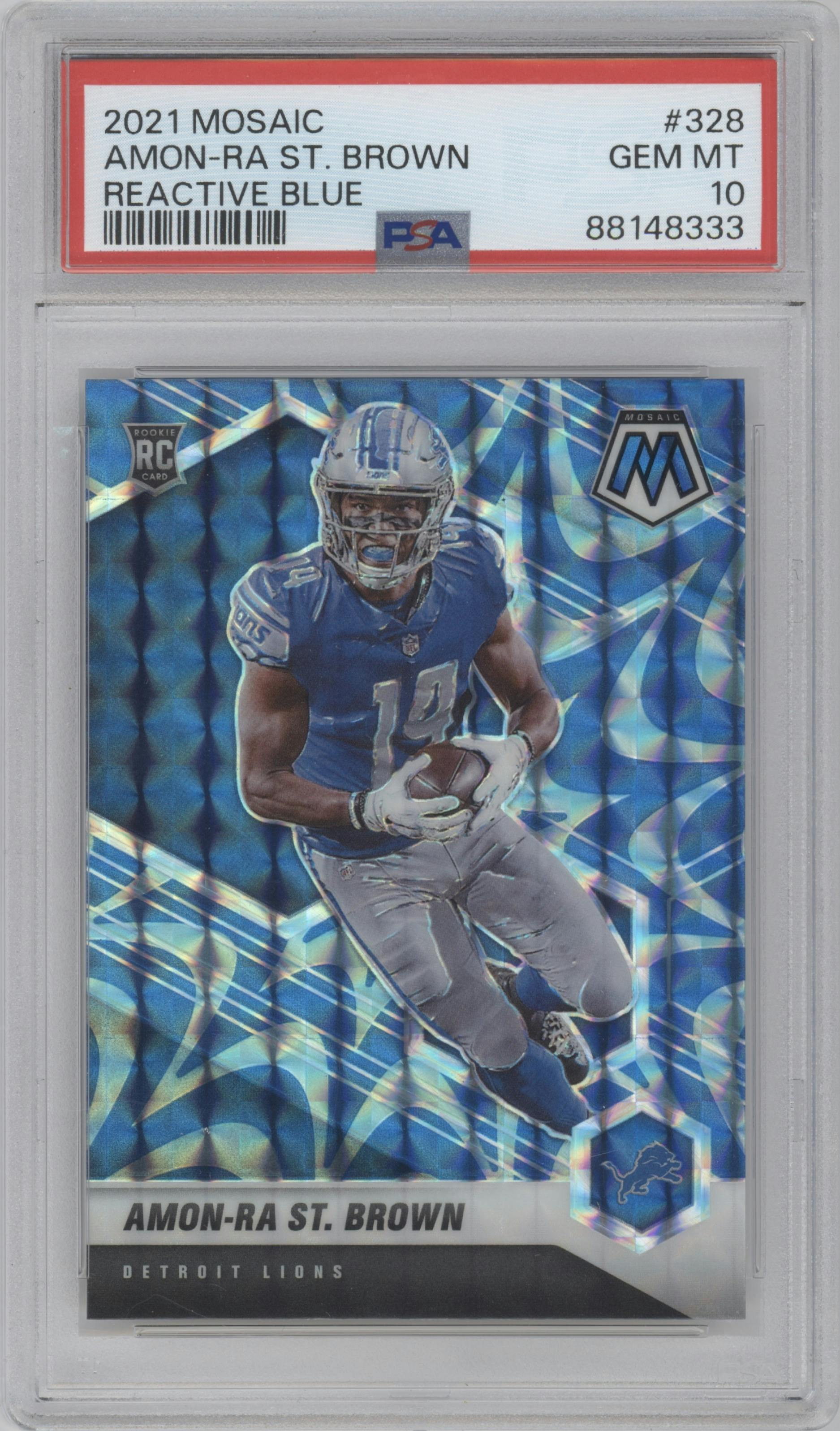 Amon-Ra St. Brown from the 2021 Panini Mosaic set featuring a Reactive Blue parallel graded by PSA and given an overall grade of 10.