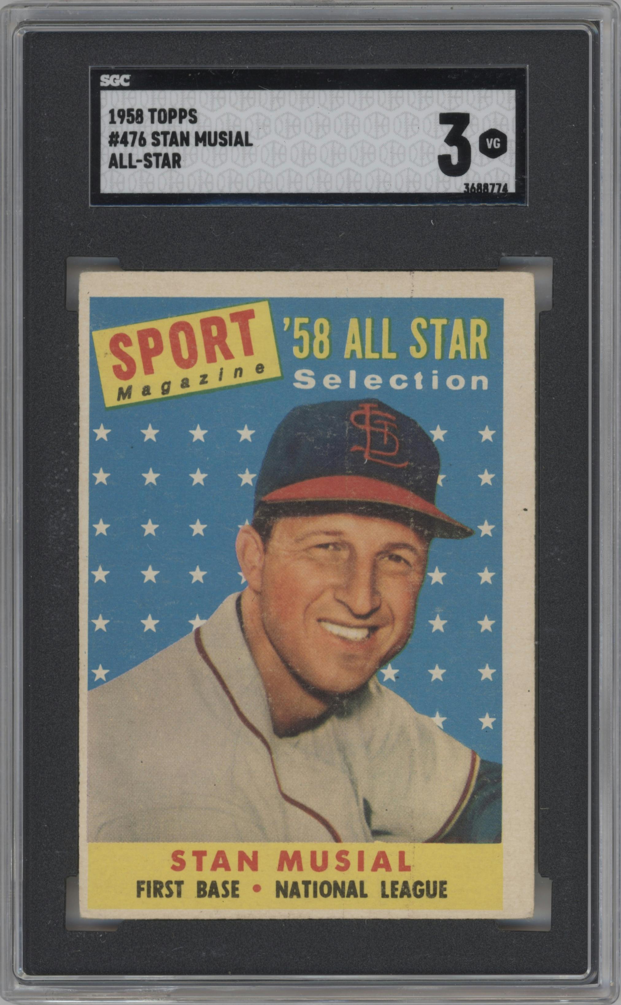 Stan Musial from the 1958 Topps set graded by SGC and given an overall grade of 3.