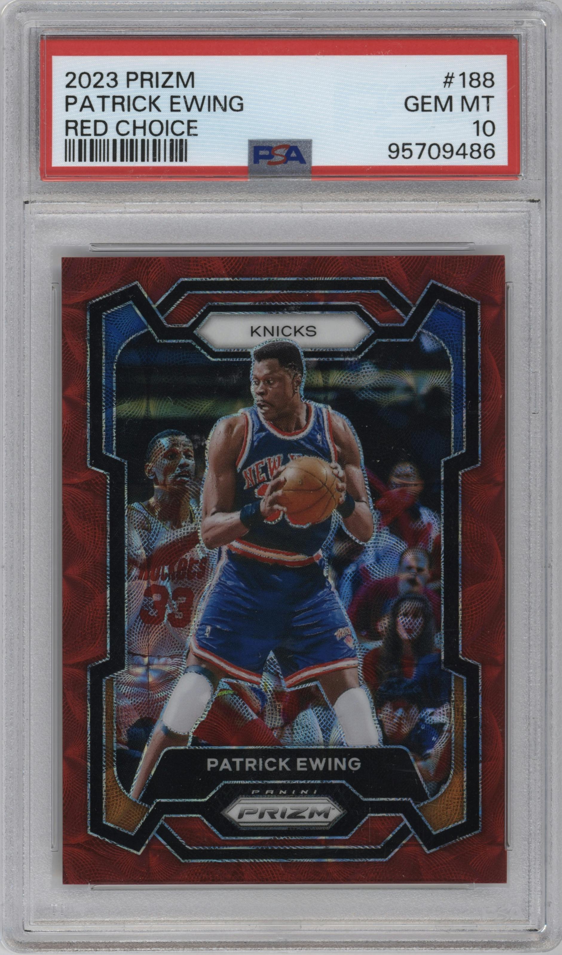Patrick Ewing from the 2023-24 Panini Prizm set featuring a Choice Red parallel graded by PSA and given an overall grade of 10.