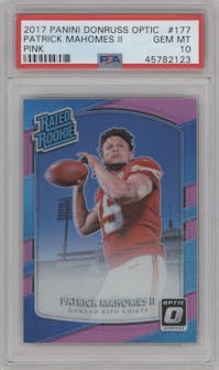 Patrick Mahomes II from the 2017 Panini Donruss Optic set featuring a Pink parallel graded by PSA and given an overall grade of 10.