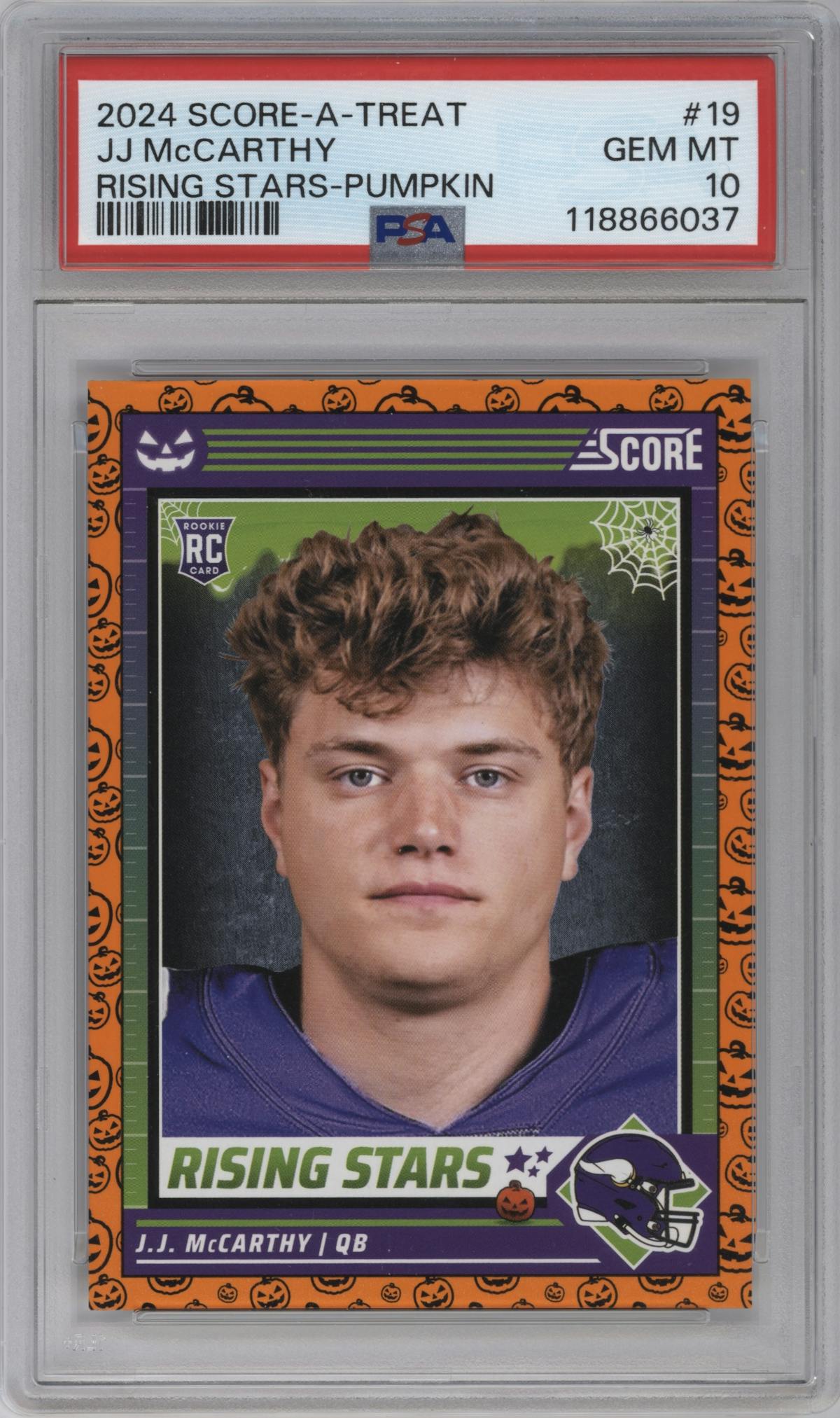 J.J. McCarthy from the 2024 Score-a-Treat set featuring a Pumpkin parallel graded by PSA and given an overall grade of 10.