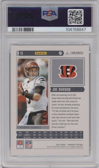 Joe Burrow from the 2022 Panini Luminance set featuring a Orange parallel graded by PSA and given an overall grade of 10.