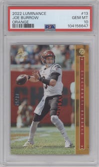 Joe Burrow from the 2022 Panini Luminance set featuring a Orange parallel graded by PSA and given an overall grade of 10.