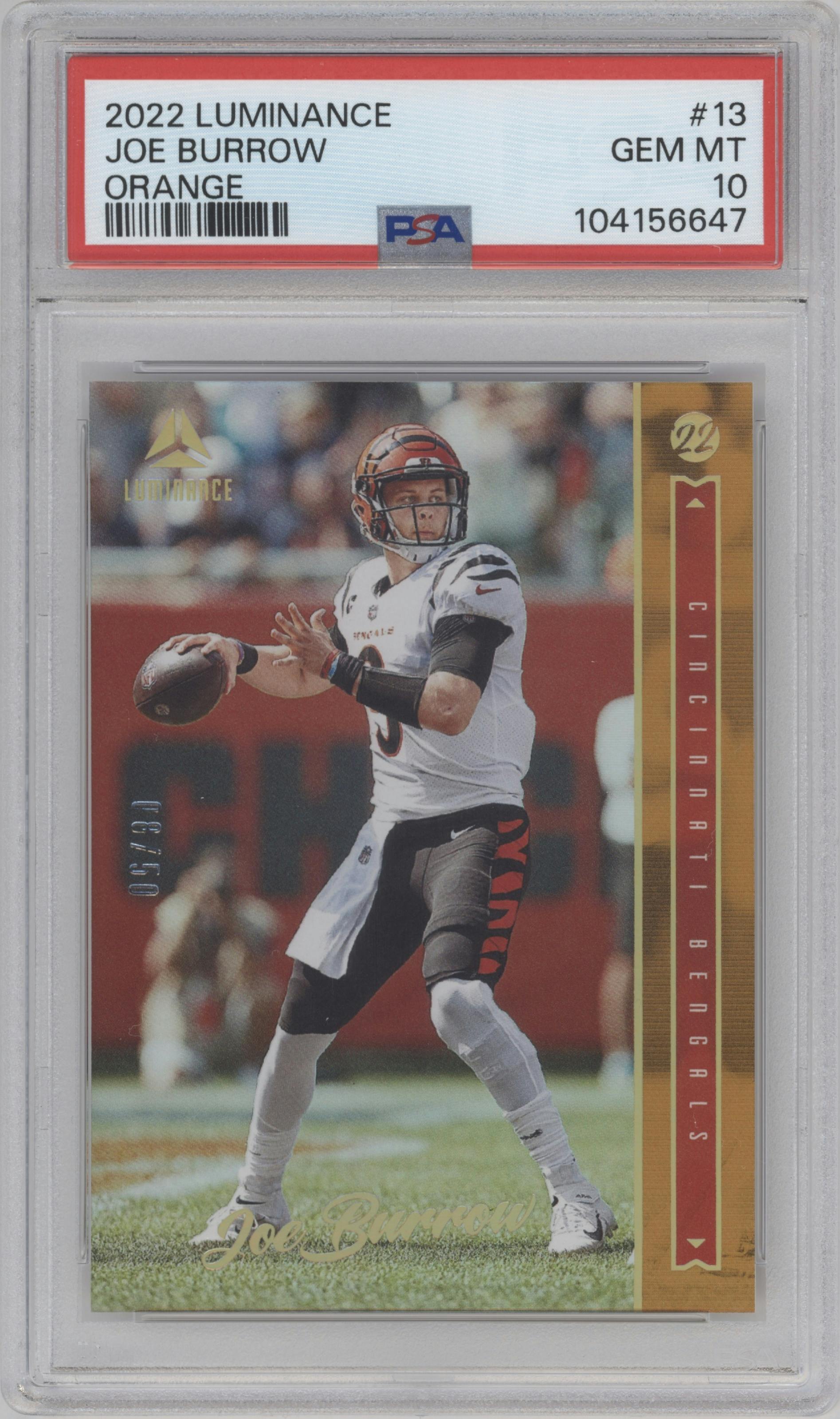 Joe Burrow from the 2022 Panini Luminance set featuring a Orange parallel graded by PSA and given an overall grade of 10.