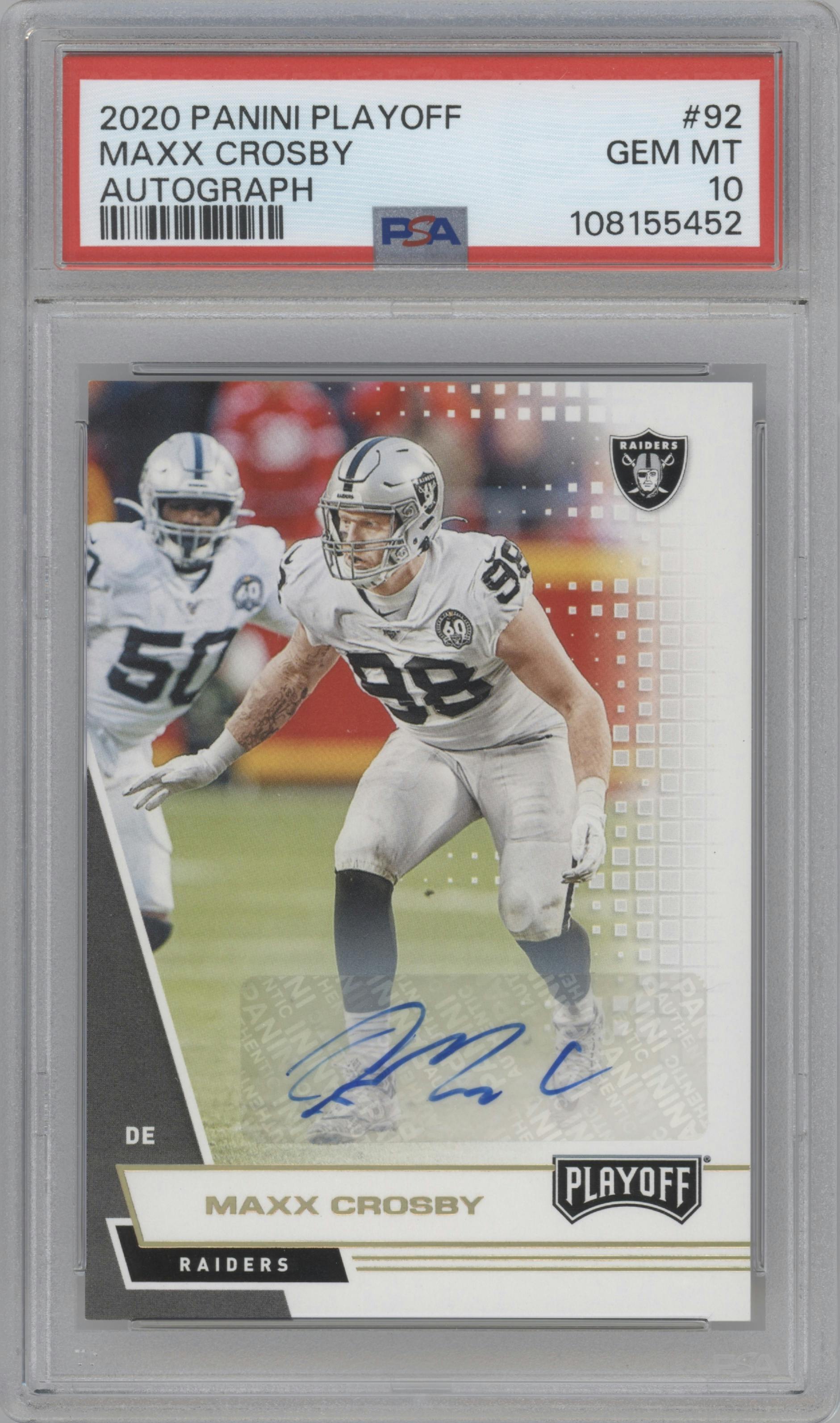 Maxx Crosby from the 2020 Panini Playoff set graded by PSA and given an overall grade of 10.