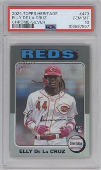 Elly De La Cruz from the 2024 Topps Heritage set featuring a Chrome Silver Refractor parallel graded by PSA and given an overall grade of 10.