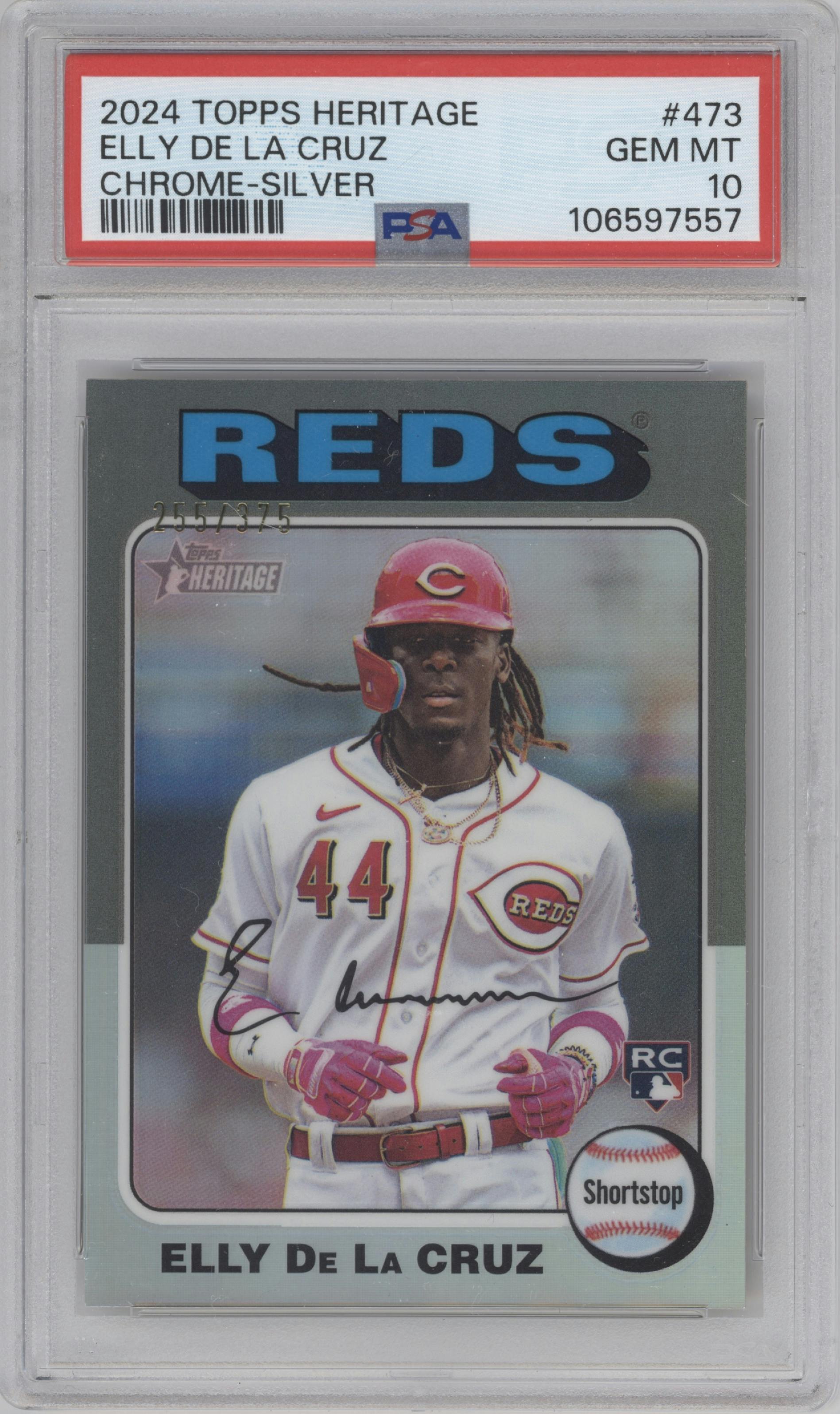 Elly De La Cruz from the 2024 Topps Heritage set featuring a Chrome Silver Refractor parallel graded by PSA and given an overall grade of 10.