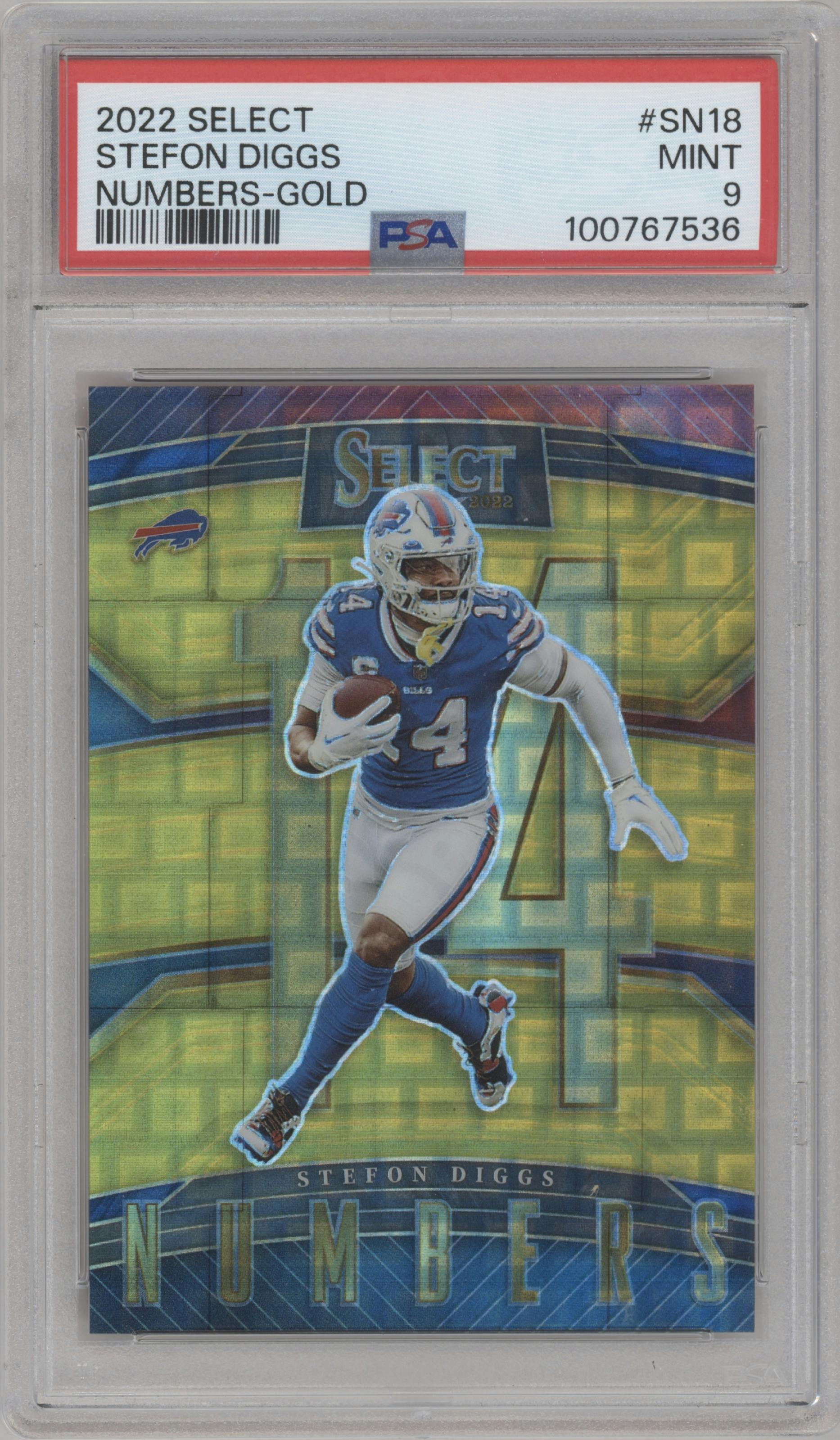 Stefon Diggs from the 2022 Panini Select set featuring a Gold Prizm parallel graded by PSA and given an overall grade of 9.