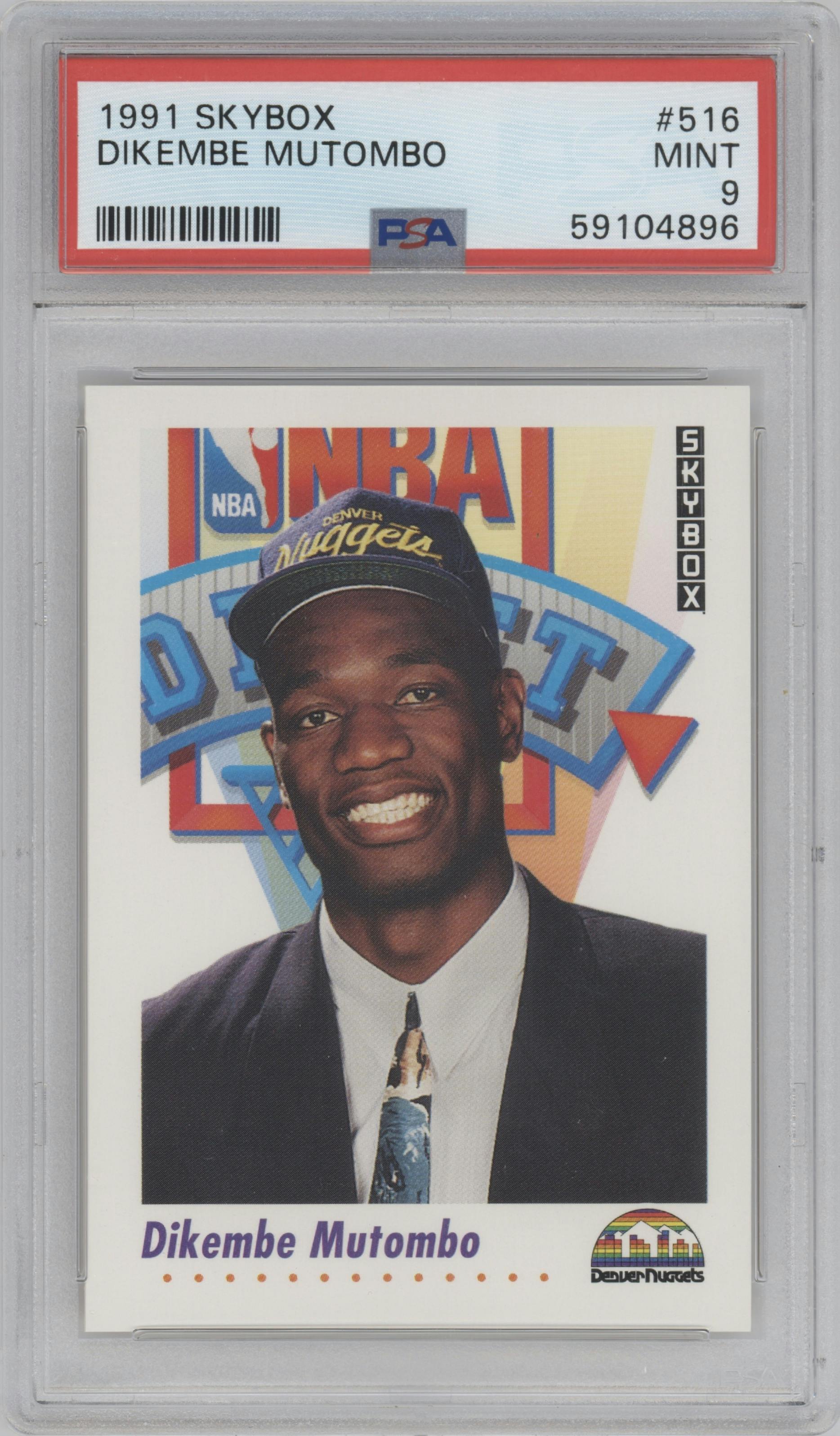 Dikembe Mutombo from the 1991-92 Skybox set graded by PSA and given an overall grade of 9.