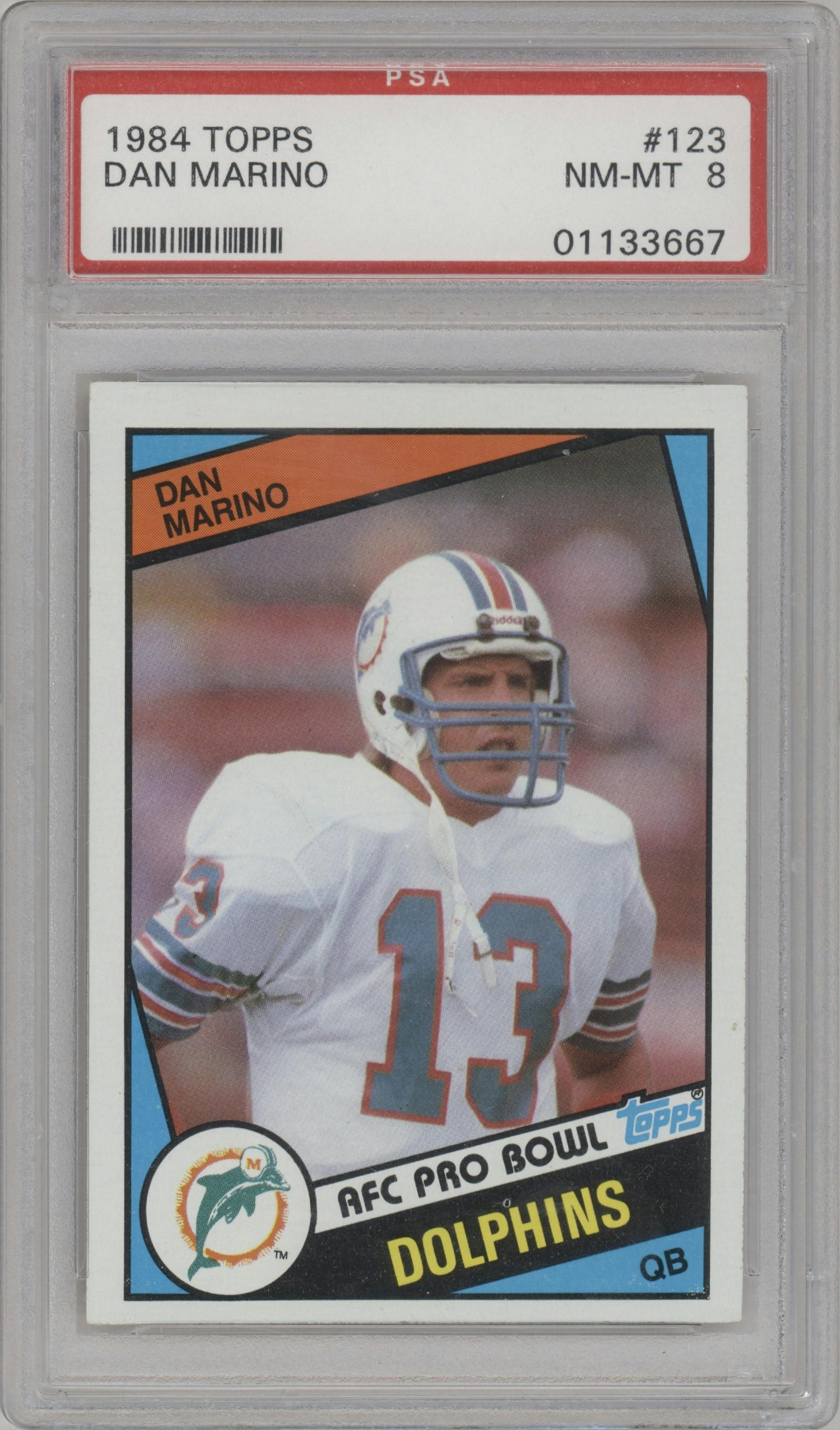Dan Marino from the 1984 Topps set graded by PSA and given an overall grade of 8.
