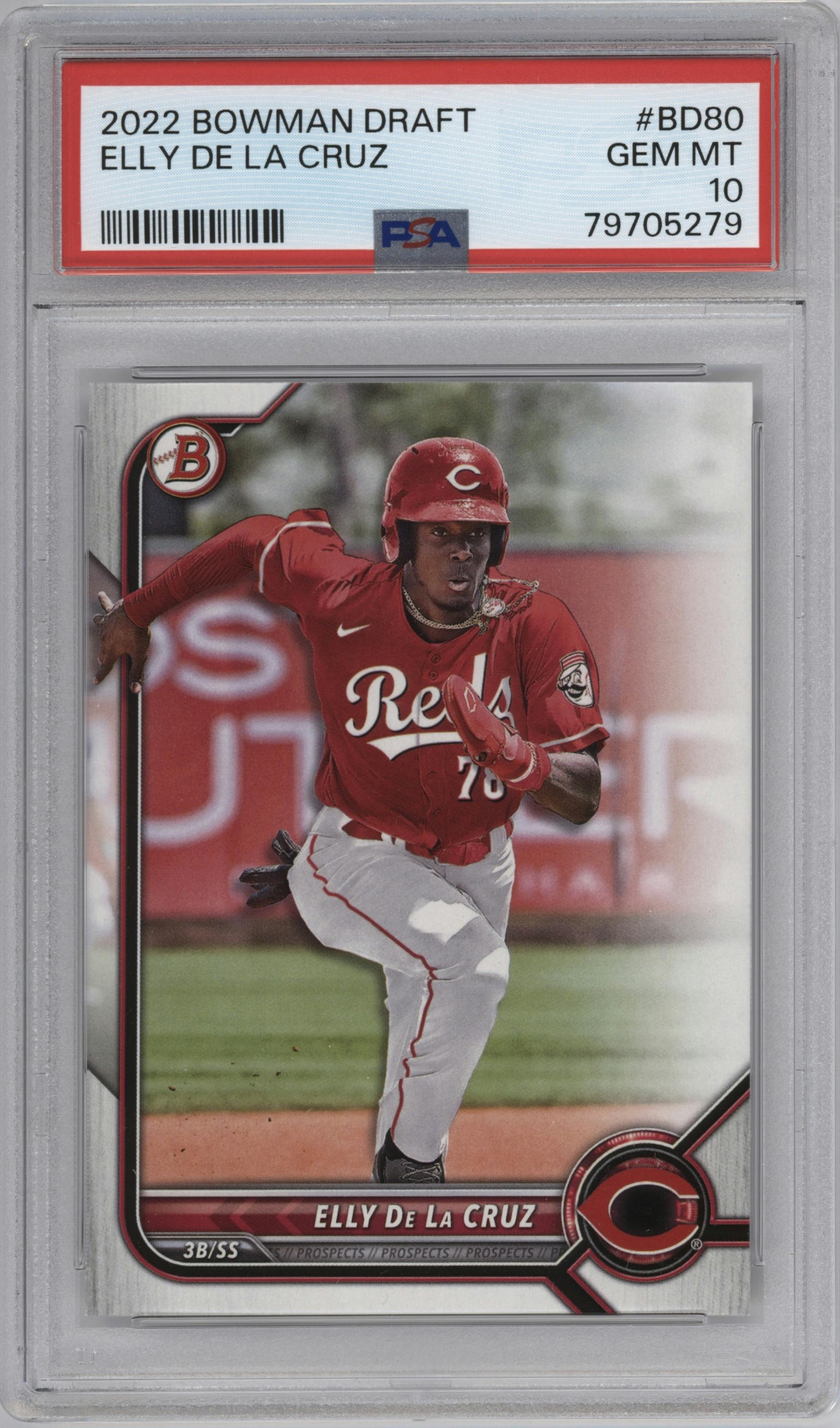 Elly De La Cruz from the 2022 Bowman Draft set graded by PSA and given an overall grade of 10.