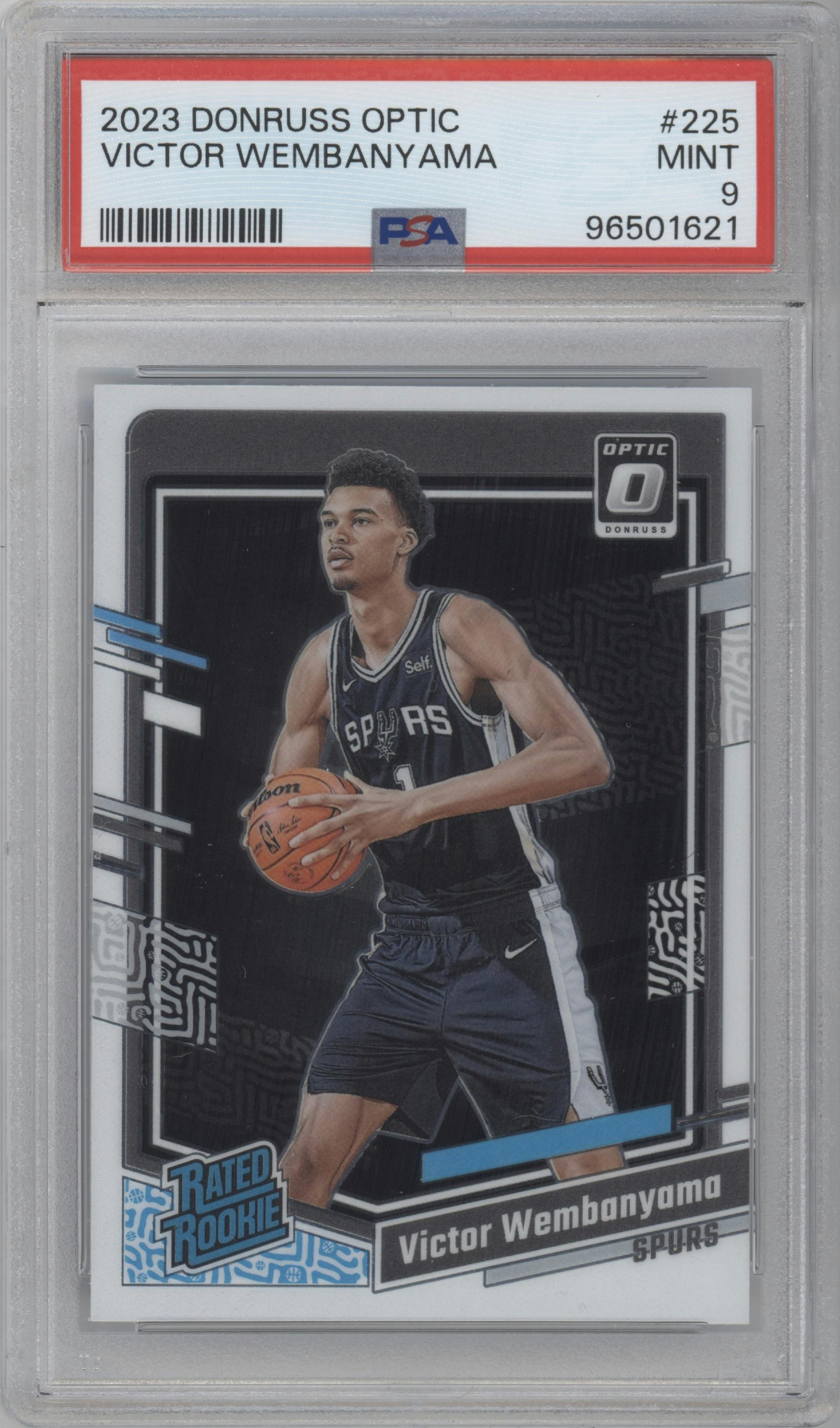 Victor Wembanyama from the 2023-24 Donruss Optic set graded by PSA and given an overall grade of 9.
