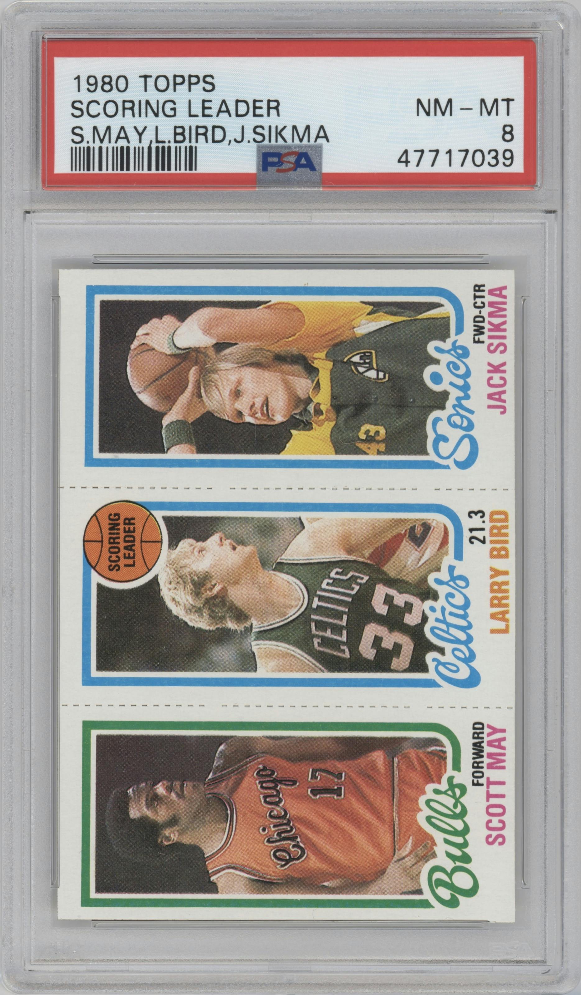 Scott May / Larry Bird / Jack Sikma from the 1980-81 Topps set graded by PSA and given an overall grade of 8.