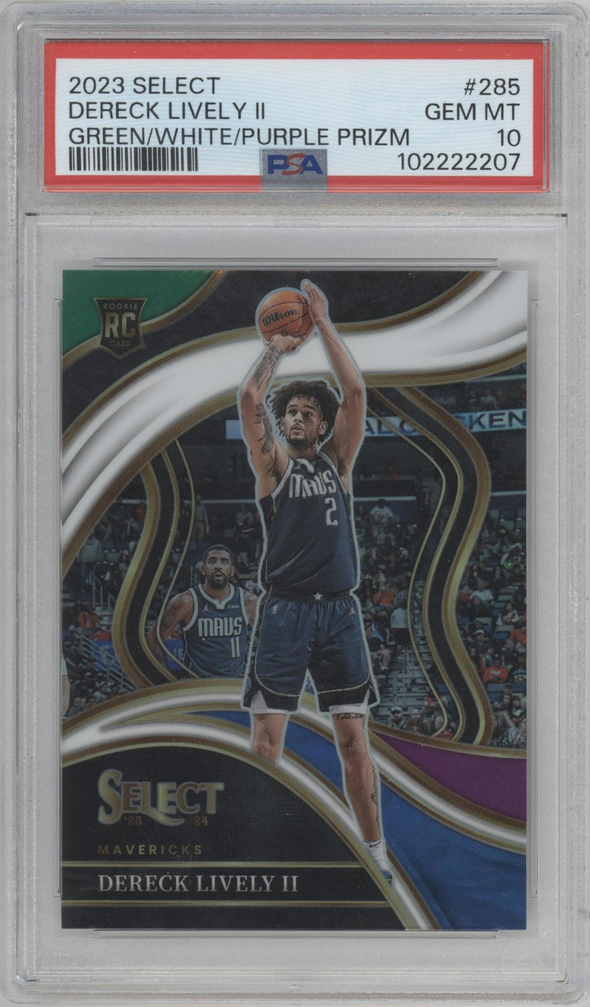 Dereck Lively II from the 2023-24 Panini Select  set featuring a Green/White/Purple Prizm parallel graded by PSA and given an overall grade of 10.