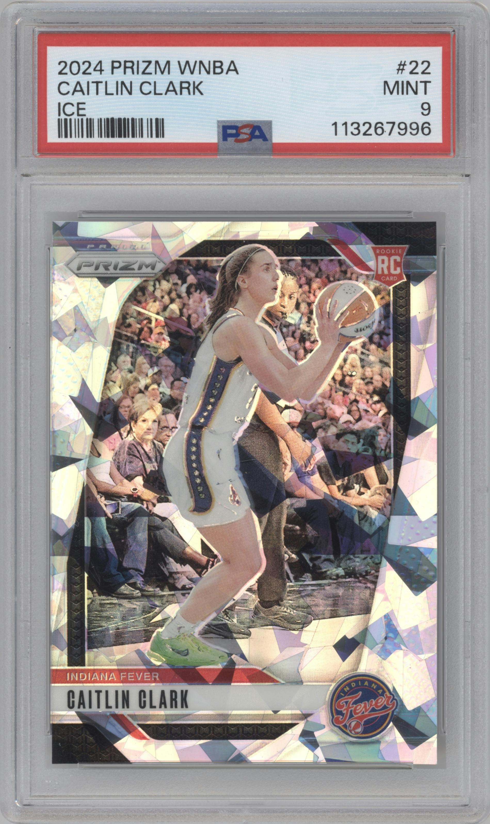 Caitlin Clark from the 2024 Panini Prizm WNBA set featuring a Ice parallel graded by PSA and given an overall grade of 9.