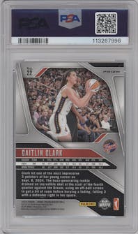 Caitlin Clark from the 2024 Panini Prizm WNBA set featuring a Ice parallel graded by PSA and given an overall grade of 9.