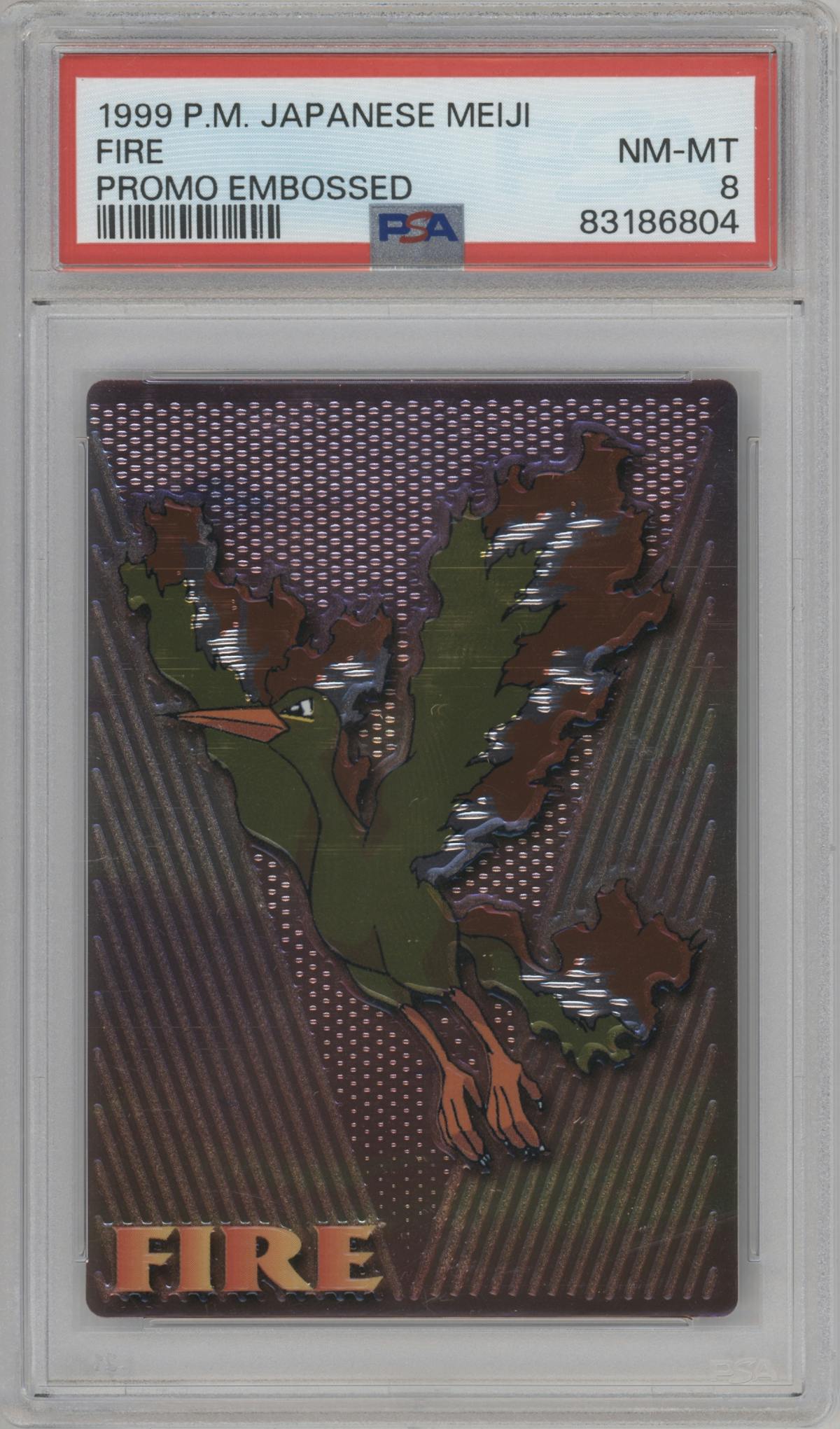 Moltres from the 1999 Pokemon Japanese set featuring a Embossed parallel graded by PSA and given an overall grade of 8.