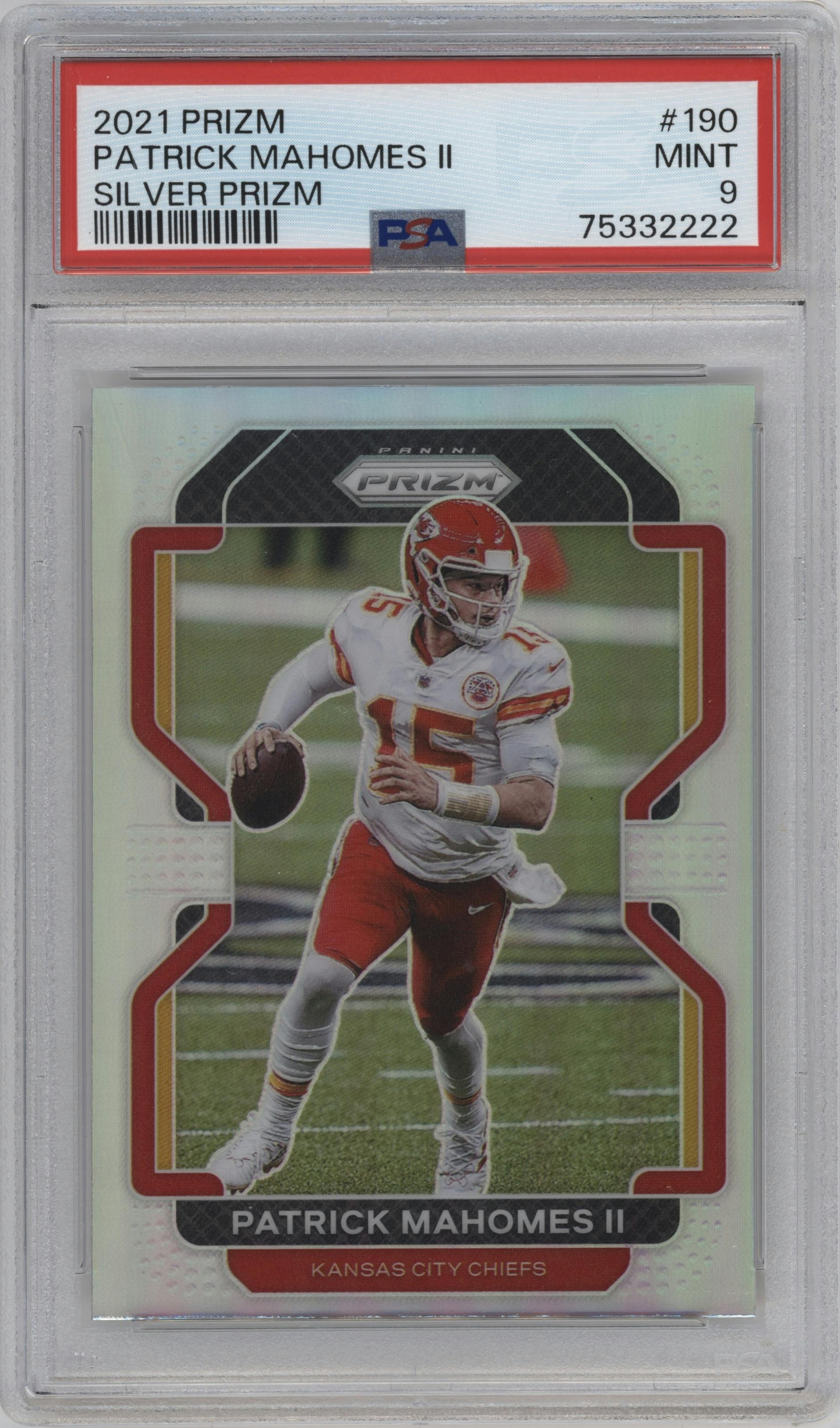 Patrick Mahomes II from the 2021 Panini Prizm set featuring a Silver Prizm parallel graded by PSA and given an overall grade of 9.