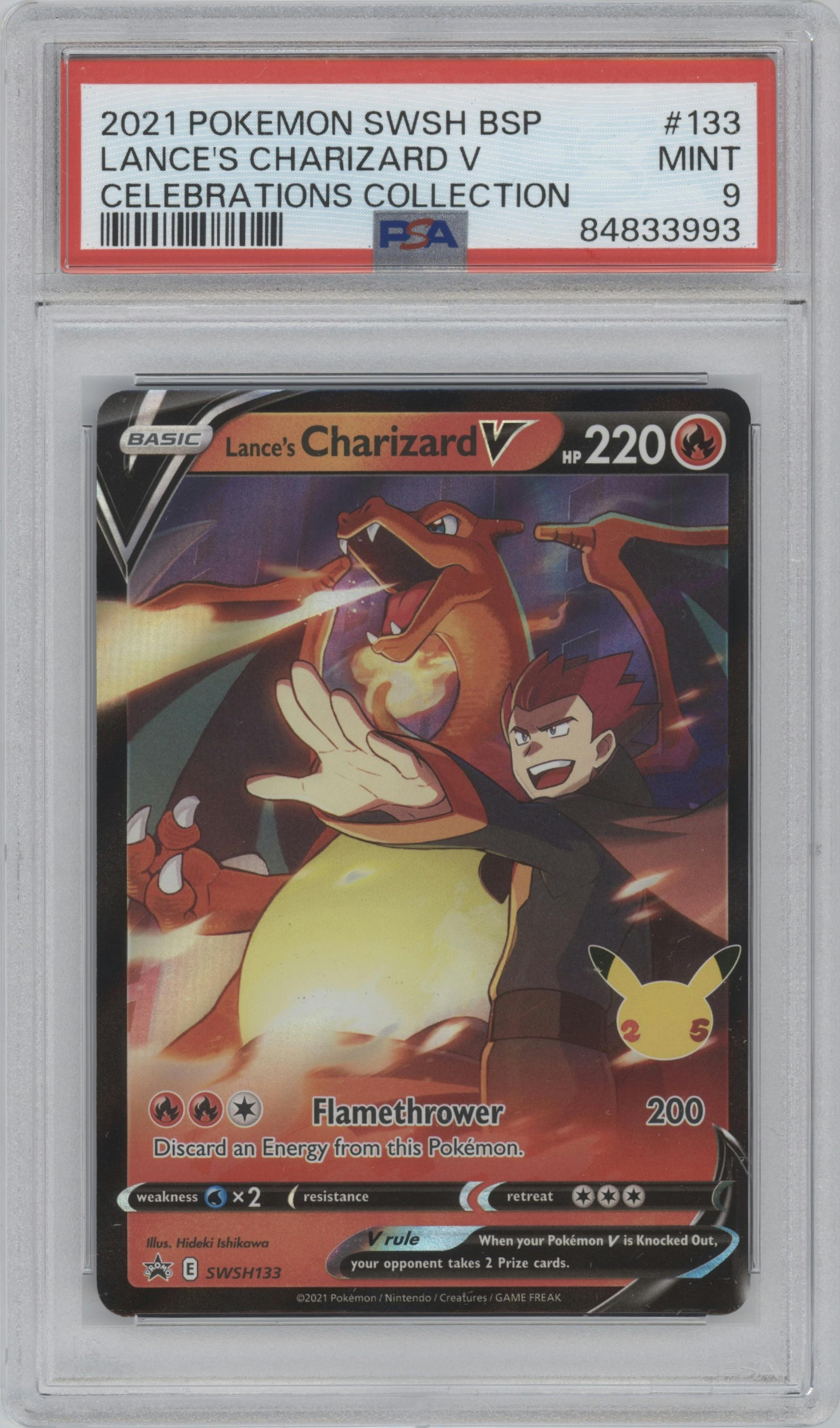 Lance's Charizard V from the 2021 Pokemon SWSH set featuring a Lance's Charizard V Celebrations Collection parallel graded by PSA and given an overall grade of 9.