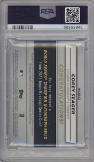 Corey Seager from the 2021 Topps Series 1 set graded by PSA and given an overall grade of 9.