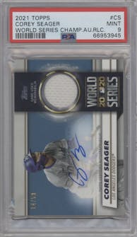 Corey Seager from the 2021 Topps Series 1 set graded by PSA and given an overall grade of 9.