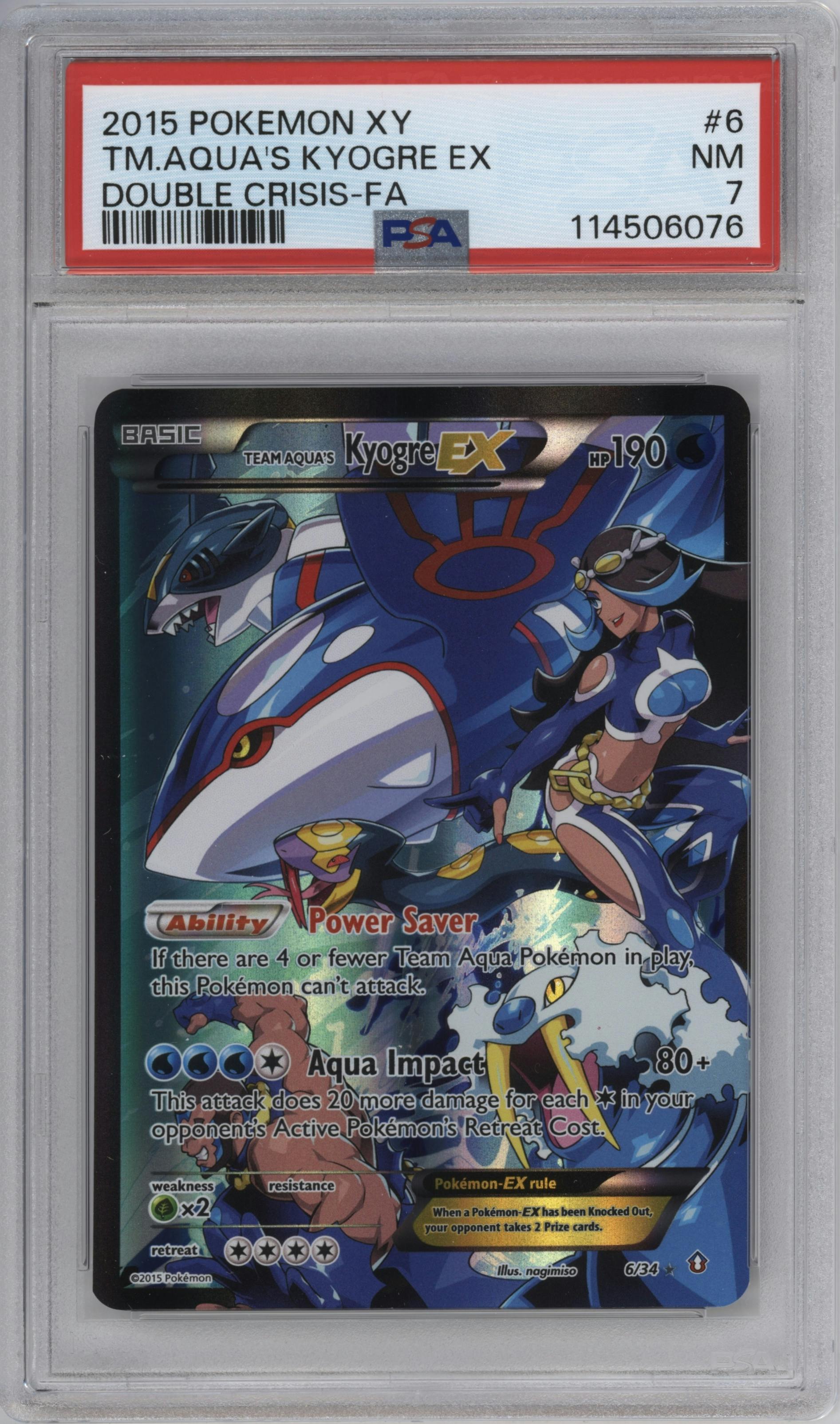 Team Aqua's Kyogre EX from the 2015 Pokemon XY set graded by PSA and given an overall grade of 7.