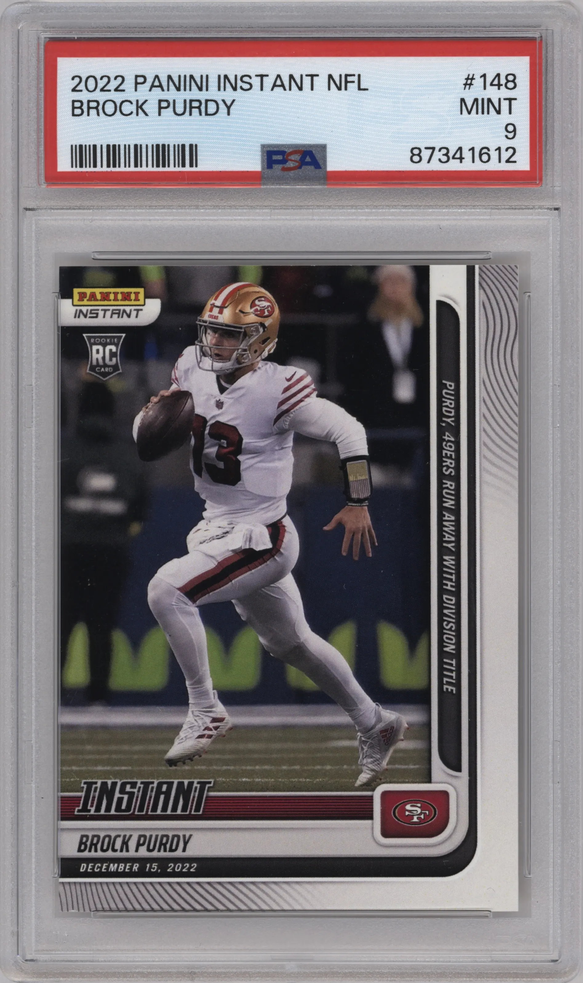 Brock Purdy from the 2022 Panini Instant NFL set graded by PSA and given an overall grade of 9.