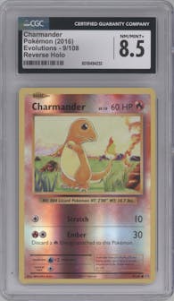 Charmander from the 2016 Pokemon XY set graded by CSG and given an overall grade of 8.5.
